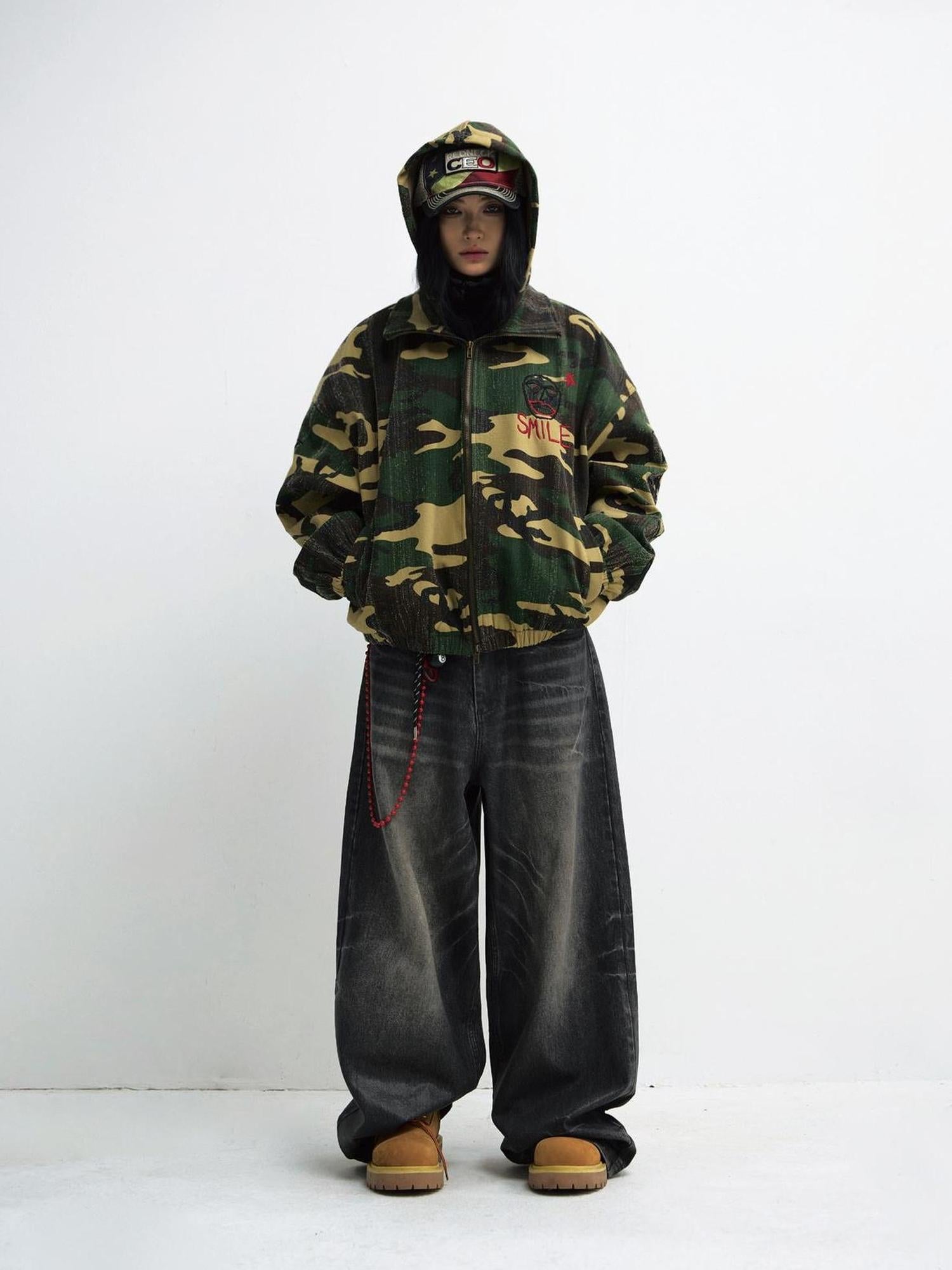 Peoplesense Punk Camo Distressed Hooded Sweatshirt Unisex Loose Fit Cotton Jacket