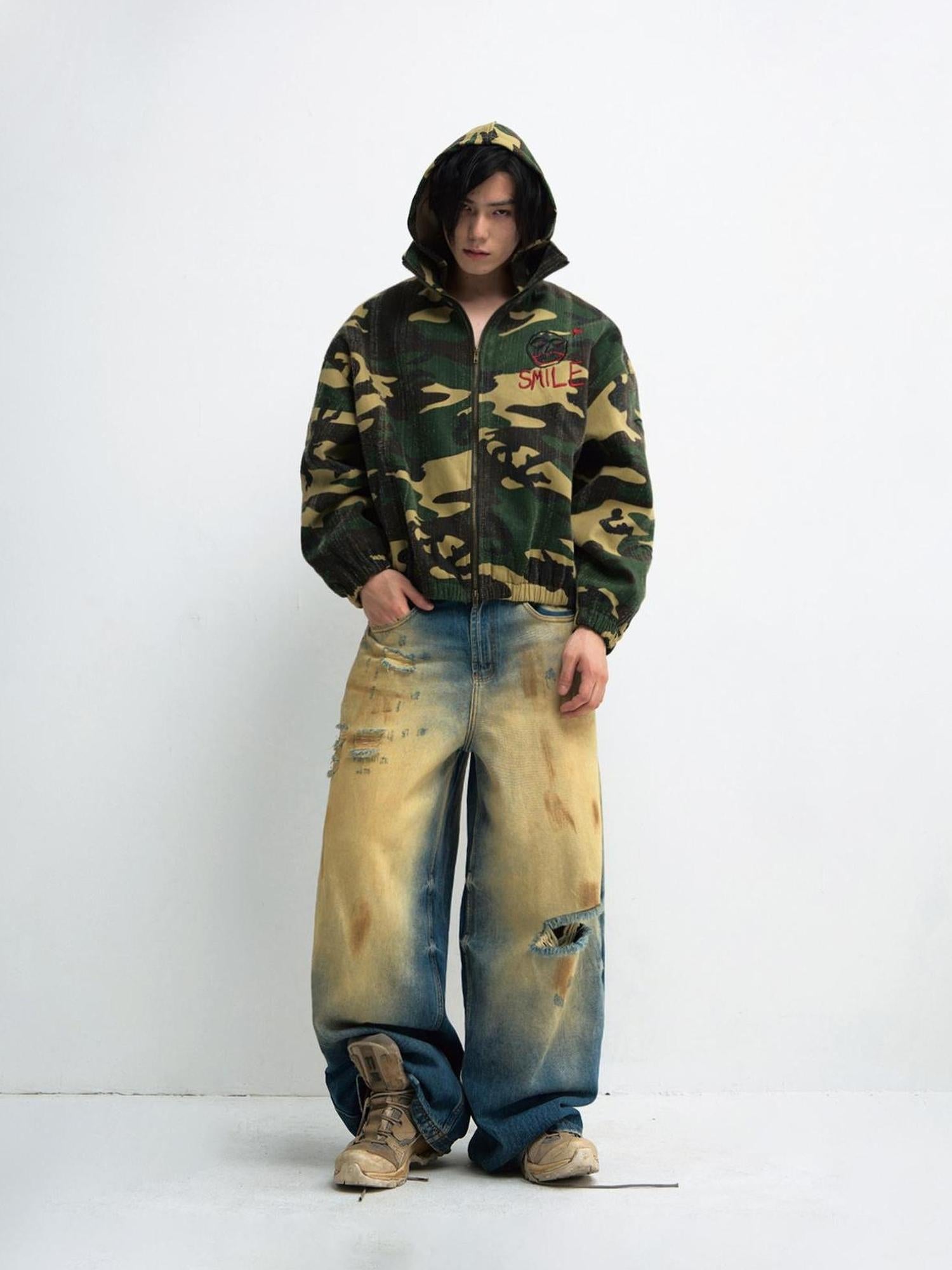 Peoplesense Punk Camo Distressed Hooded Sweatshirt Unisex Loose Fit Cotton Jacket