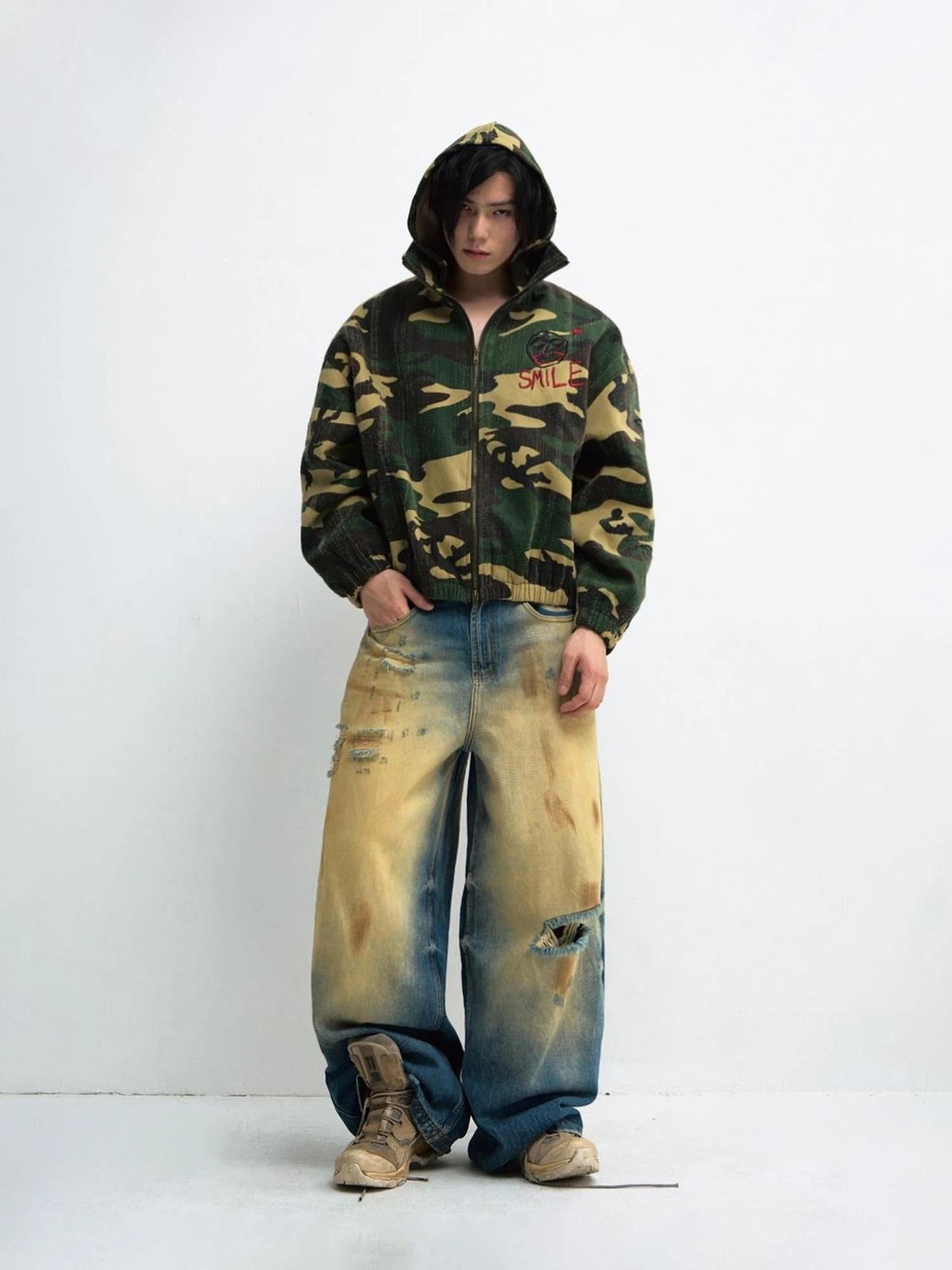Punk Camo Distressed Hooded Sweatshirt Unisex Loose Fit Cotton Jacket