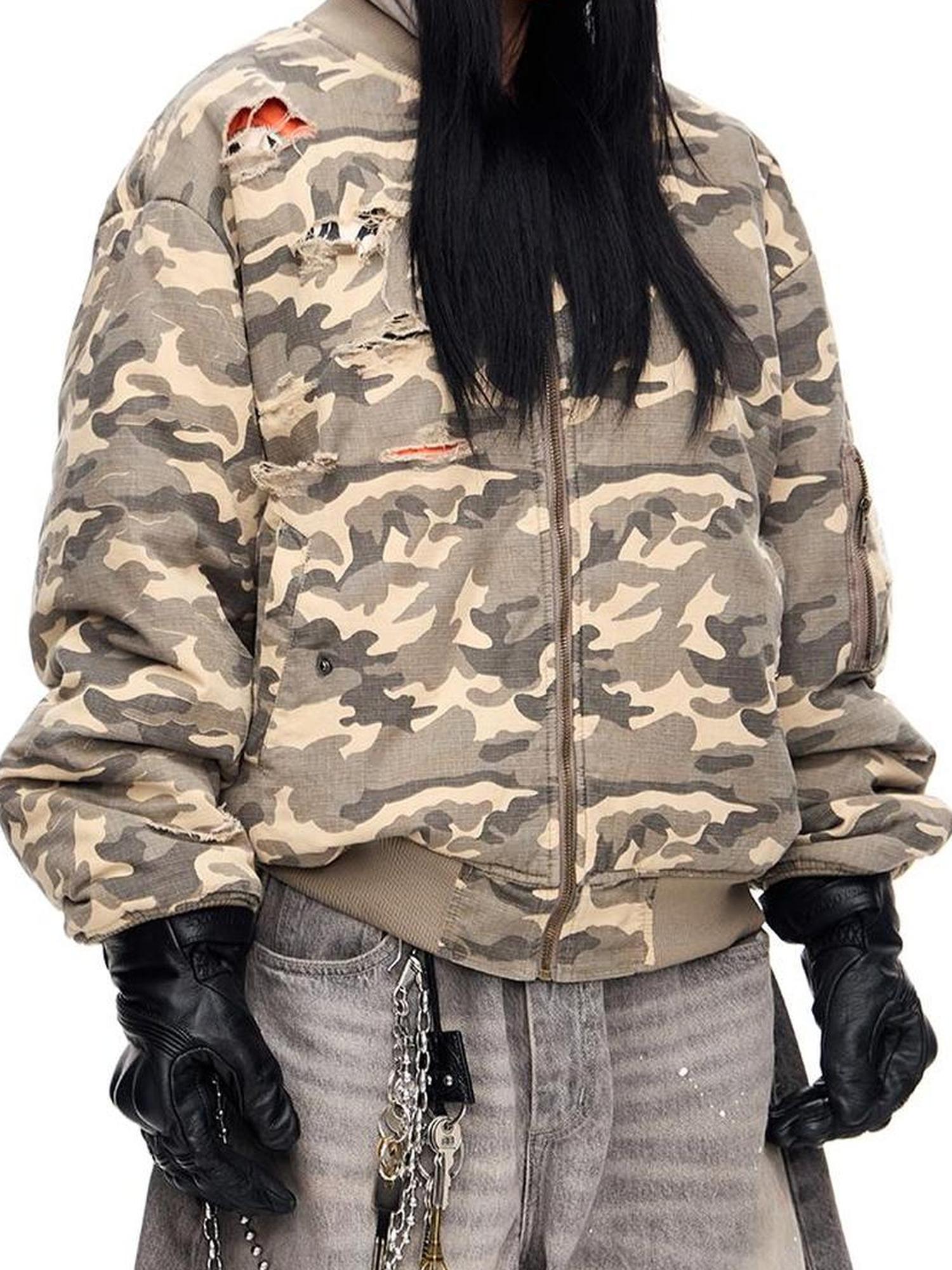 Peoplesense Punk Camo Distressed Thickened Unisex Vintage Bomber Jacket
