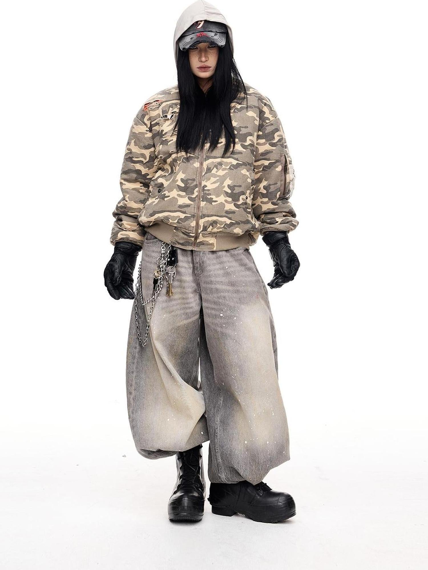 Peoplesense Punk Camo Distressed Thickened Unisex Vintage Bomber Jacket