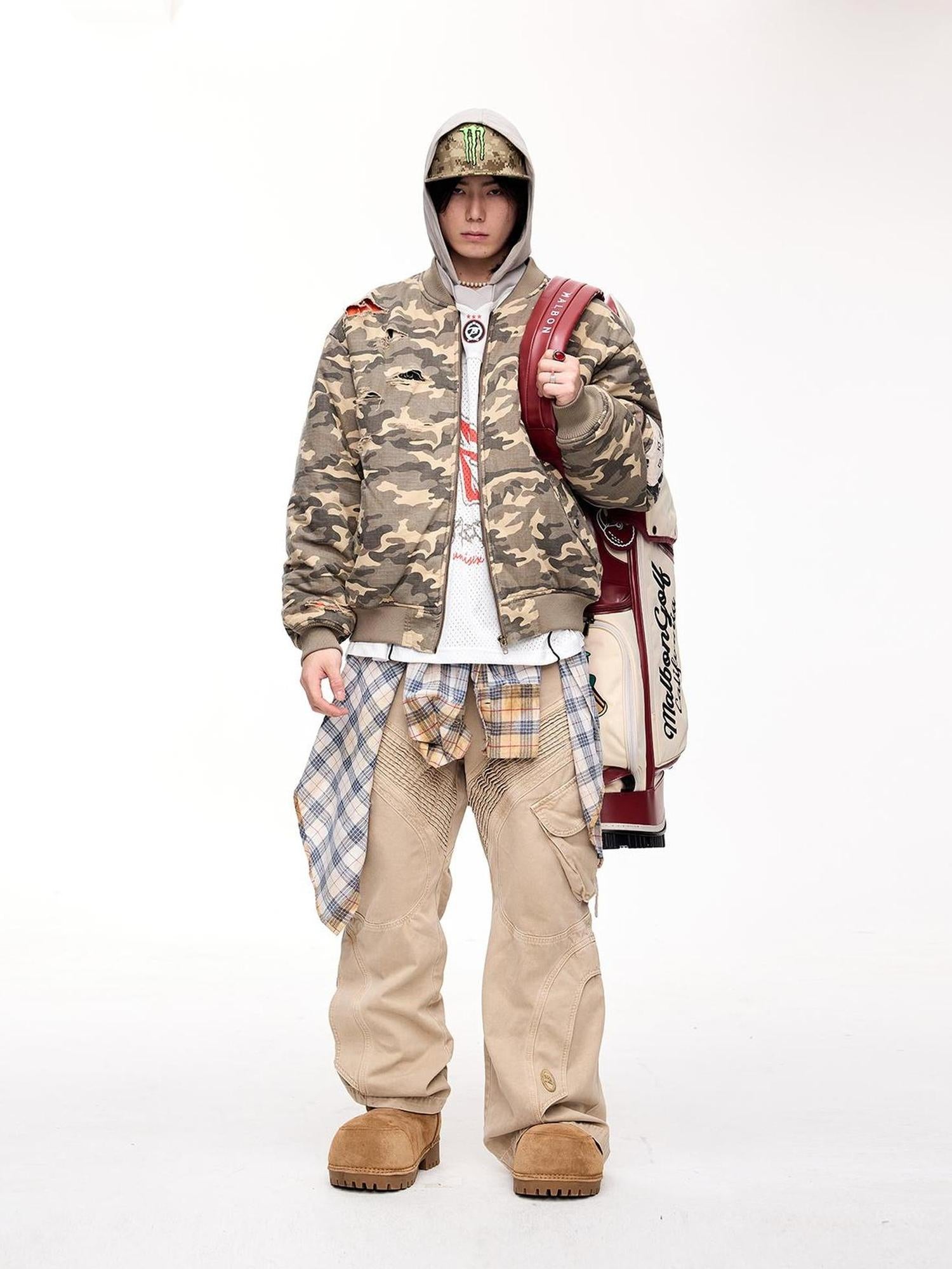 Peoplesense Punk Camo Distressed Thickened Unisex Vintage Bomber Jacket