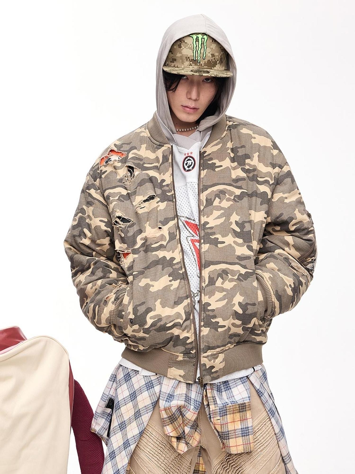 Peoplesense Punk Camo Distressed Thickened Unisex Vintage Bomber Jacket
