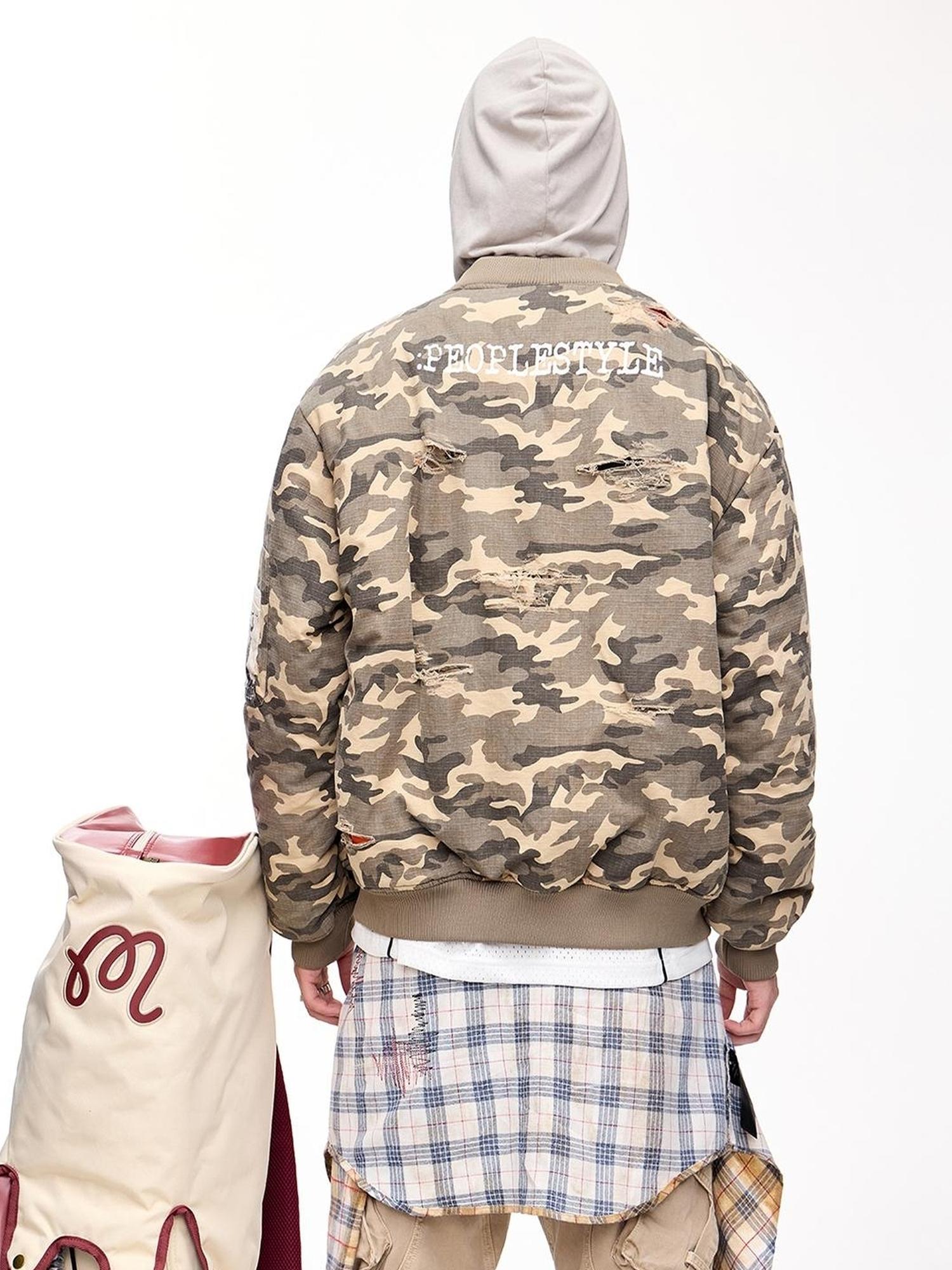 Peoplesense Punk Camo Distressed Thickened Unisex Vintage Bomber Jacket
