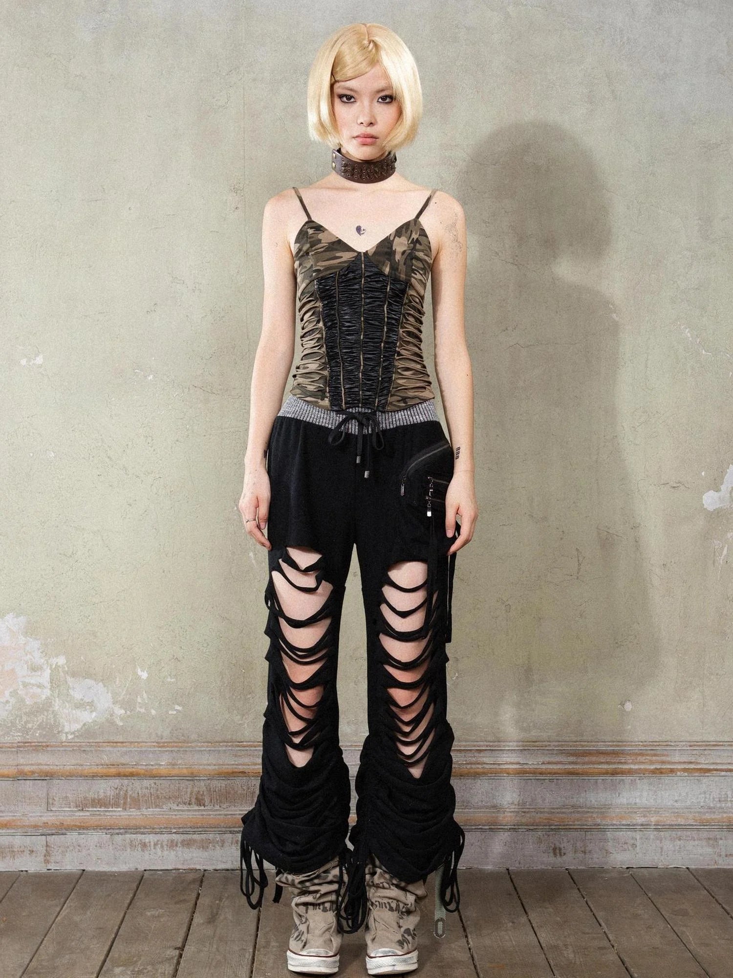 Punk Camouflage V Neck Cutout Tank Top