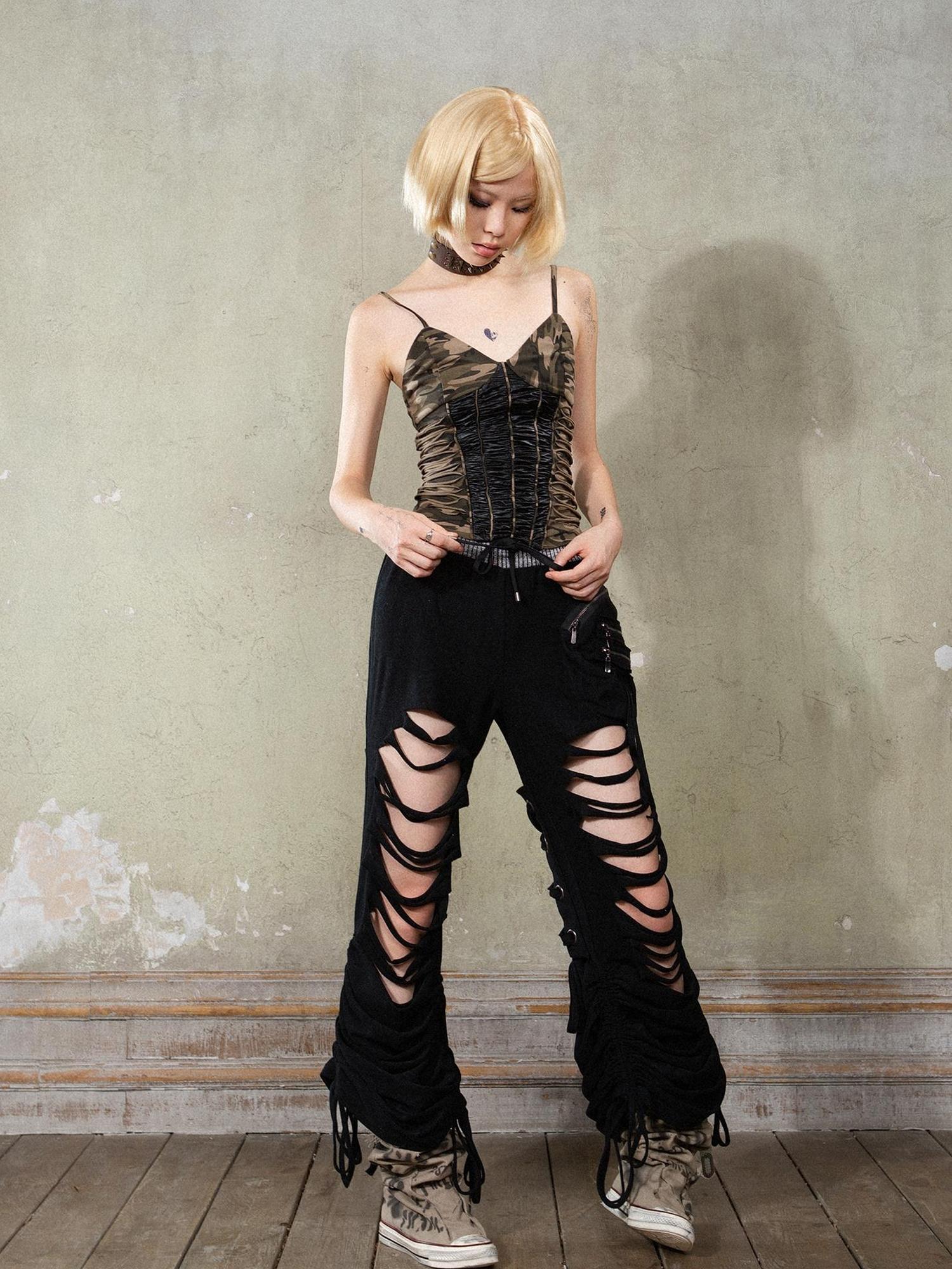 ARIADNAw Punk Camouflage V Neck Cutout Tank Top