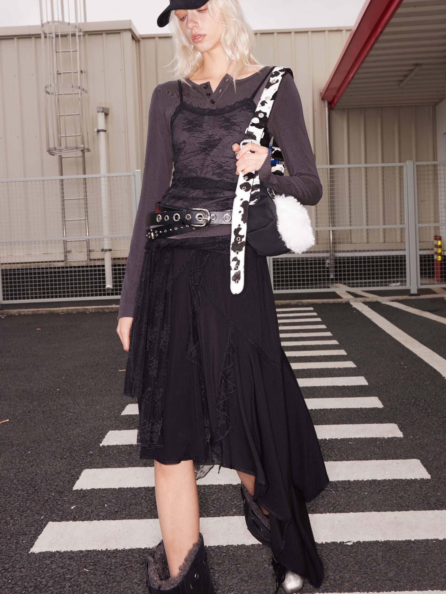 2th Desire Punk Colorblock Letter Print Suede Belt With Studs Hardware