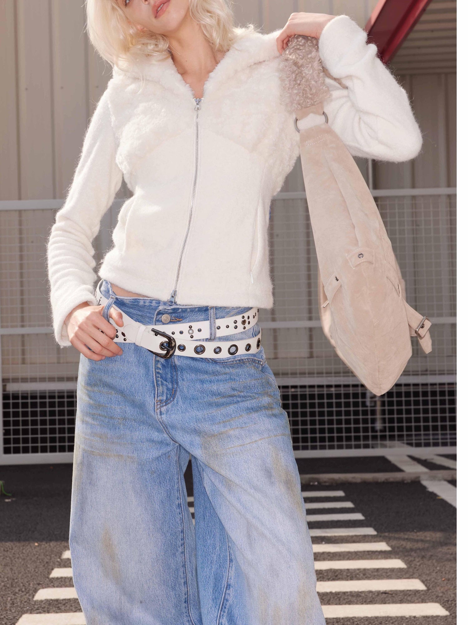 2th Desire Punk Colorblock Letter Print Suede Belt With Studs Hardware