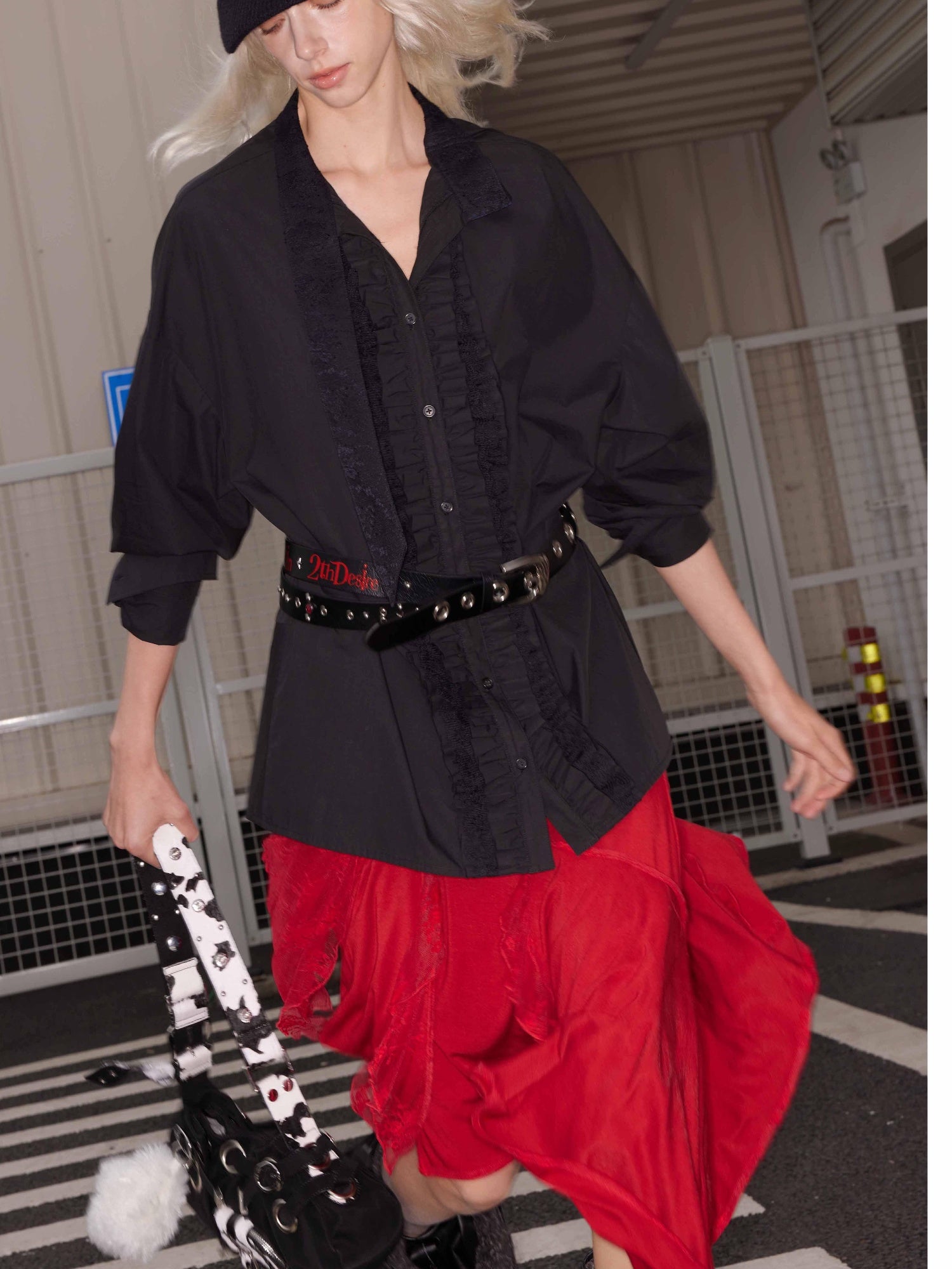 2th Desire Punk Colorblock Letter Print Suede Belt With Studs Hardware