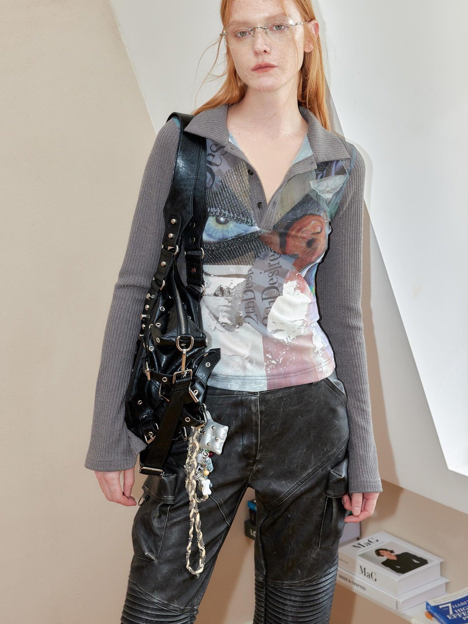 2th Desire Punk Colorblock Sheer Abstract Knit V-Neck Long Sleeve T-Shirt