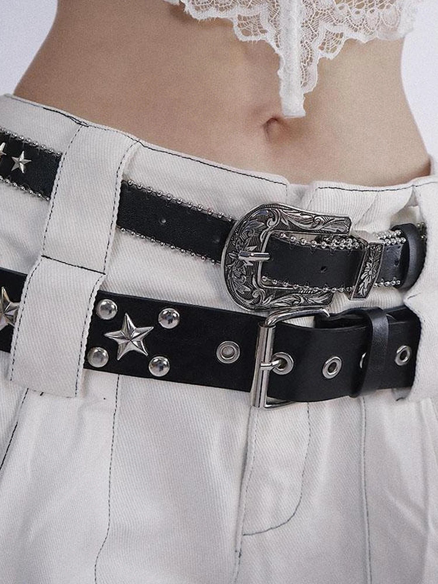 Punk Dark Pentagram Studded Belt With Metal Accessories