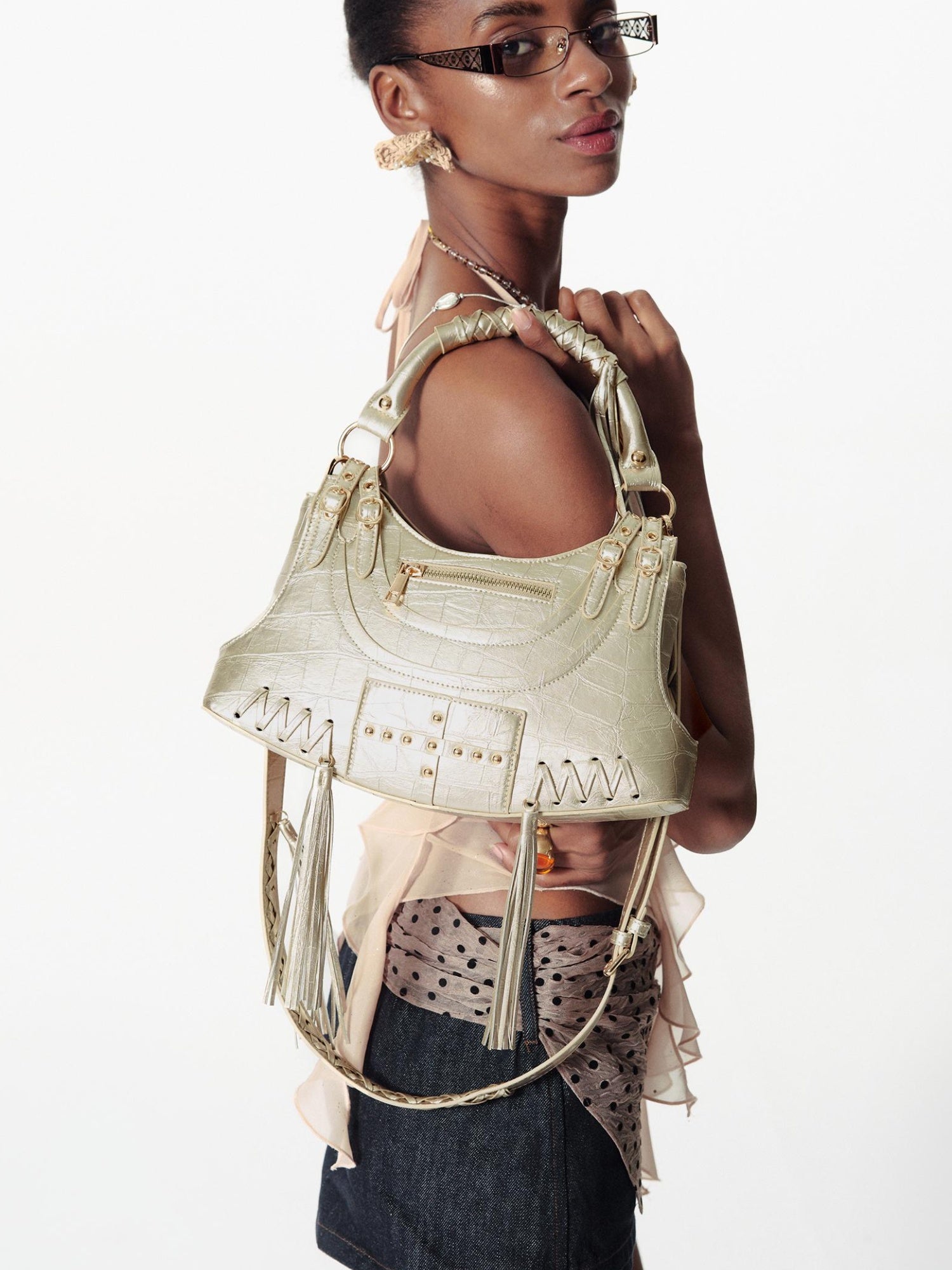 2th Desire Punk Deconstructed Crossbody Bag With Studs Fringe Vintage Handbag
