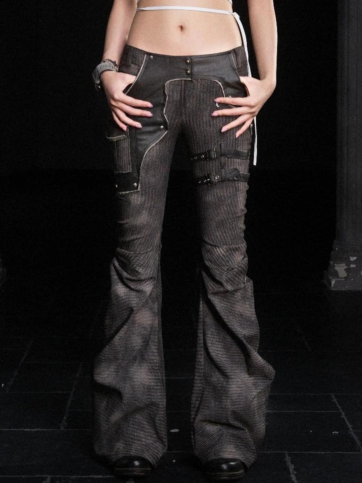 Punk Distressed Knit Denim Low Rise Flared Jeans