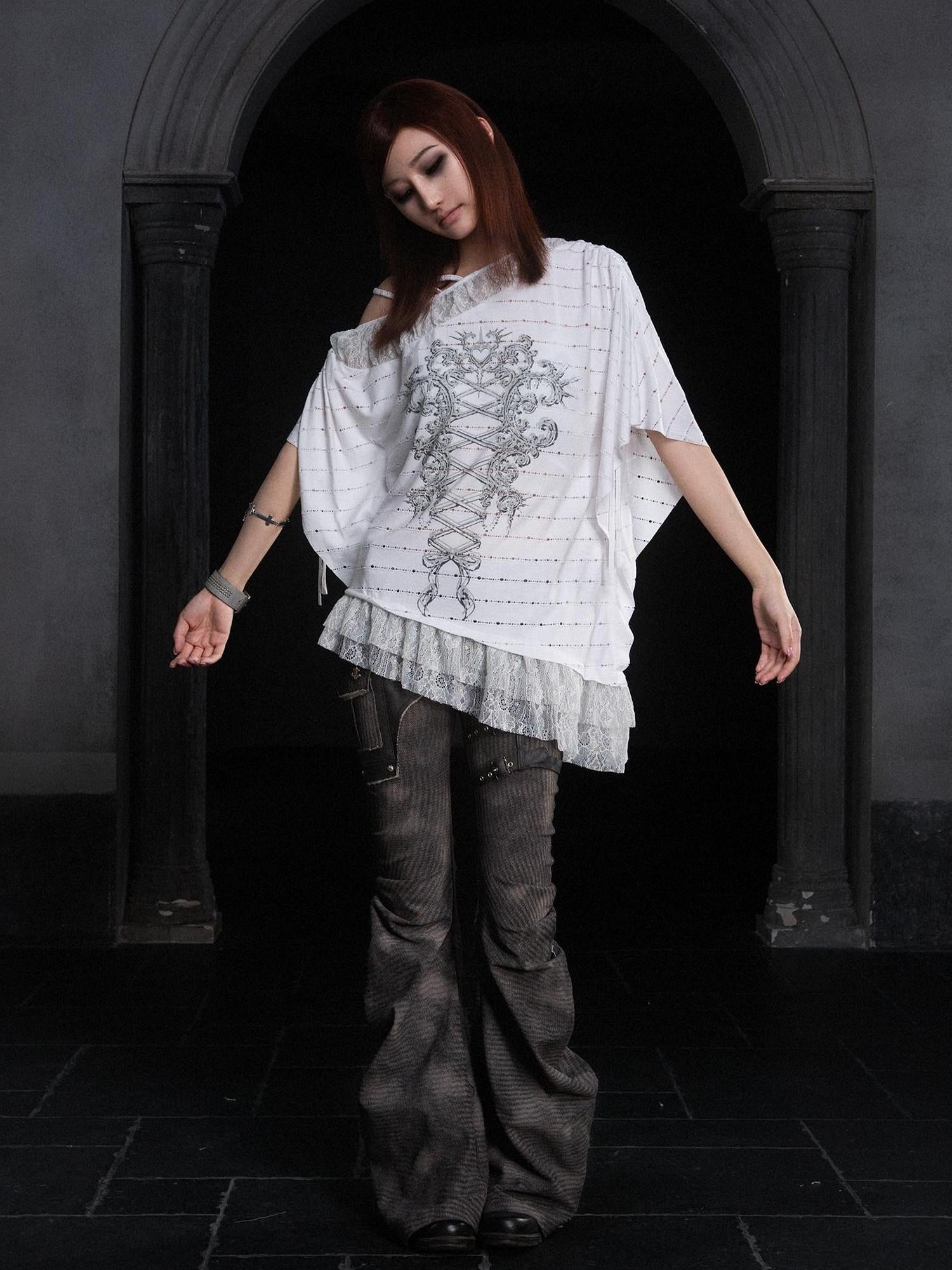 ARIADNAw Punk Distressed Knit Denim Low Rise Flared Jeans