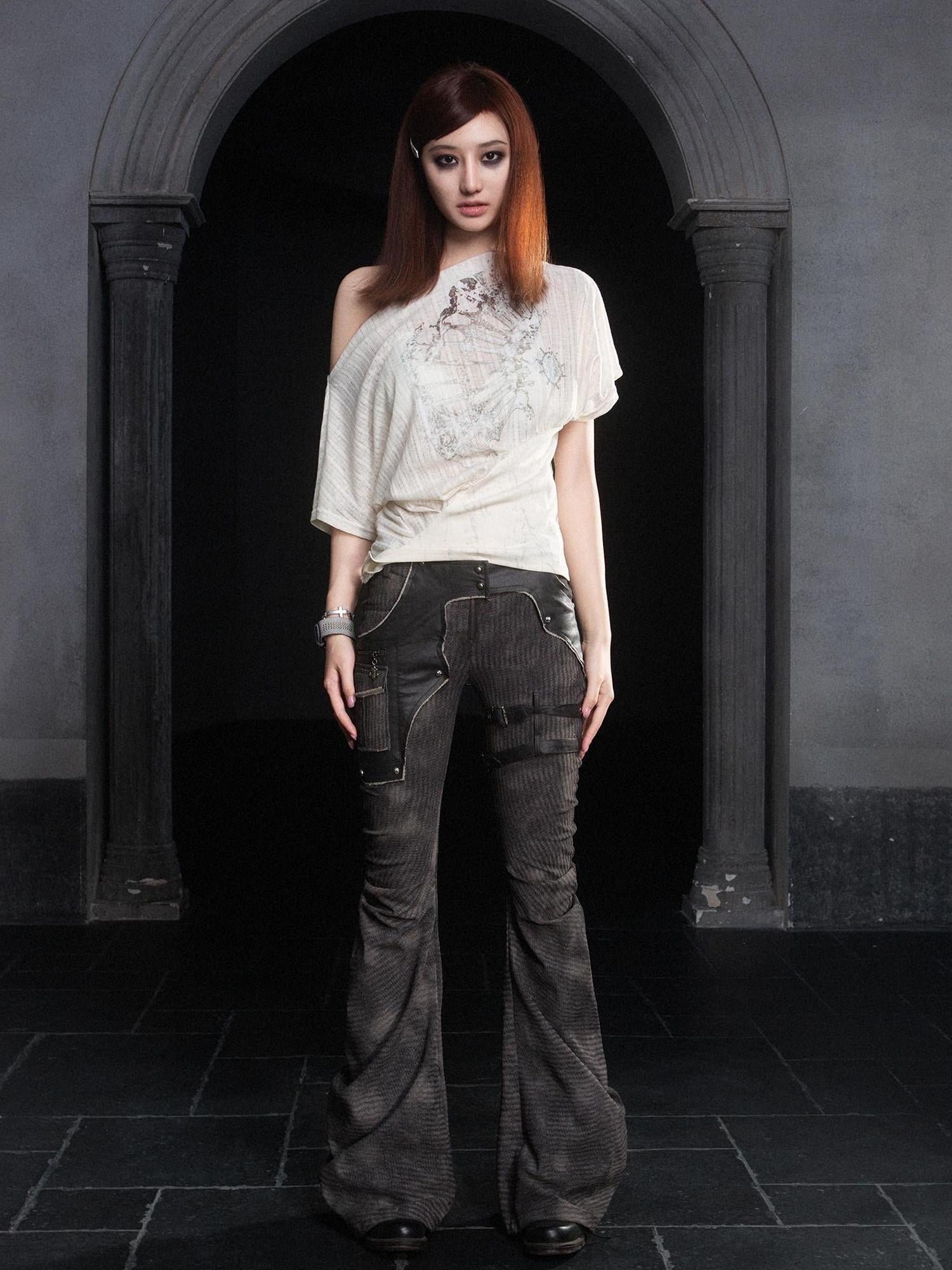 ARIADNAw Punk Distressed Knit Denim Low Rise Flared Jeans