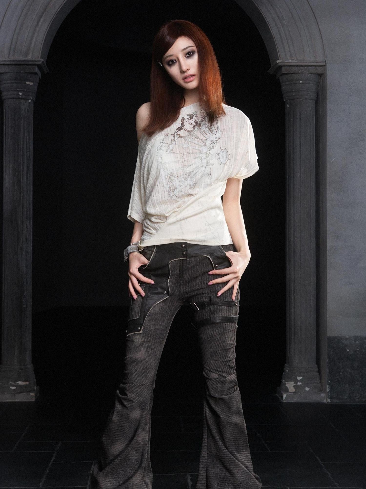 ARIADNAw Punk Distressed Knit Denim Low Rise Flared Jeans