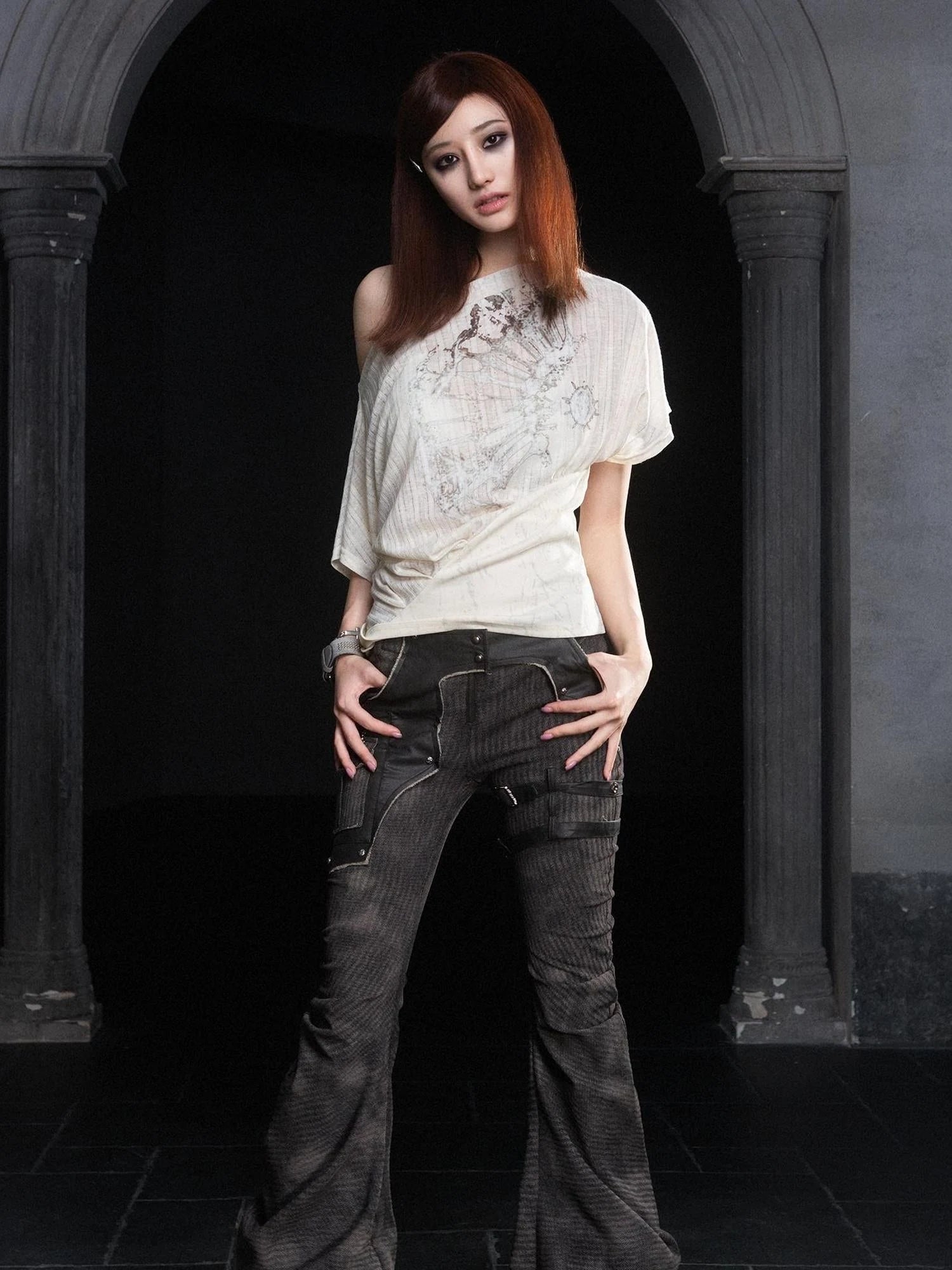 Punk Distressed Knit Denim Low Rise Flared Jeans