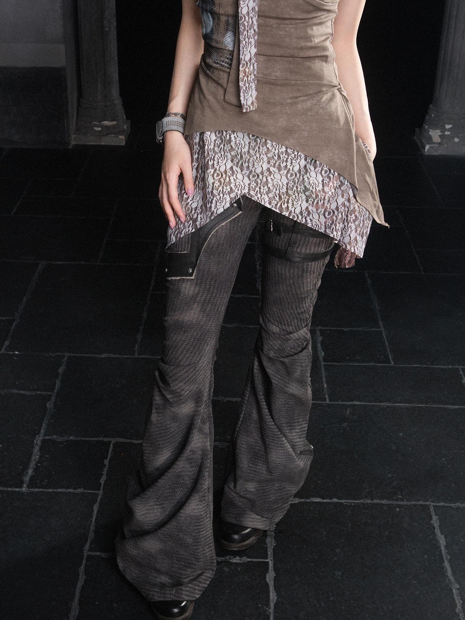 ARIADNAw Punk Distressed Knit Denim Low Rise Flared Jeans