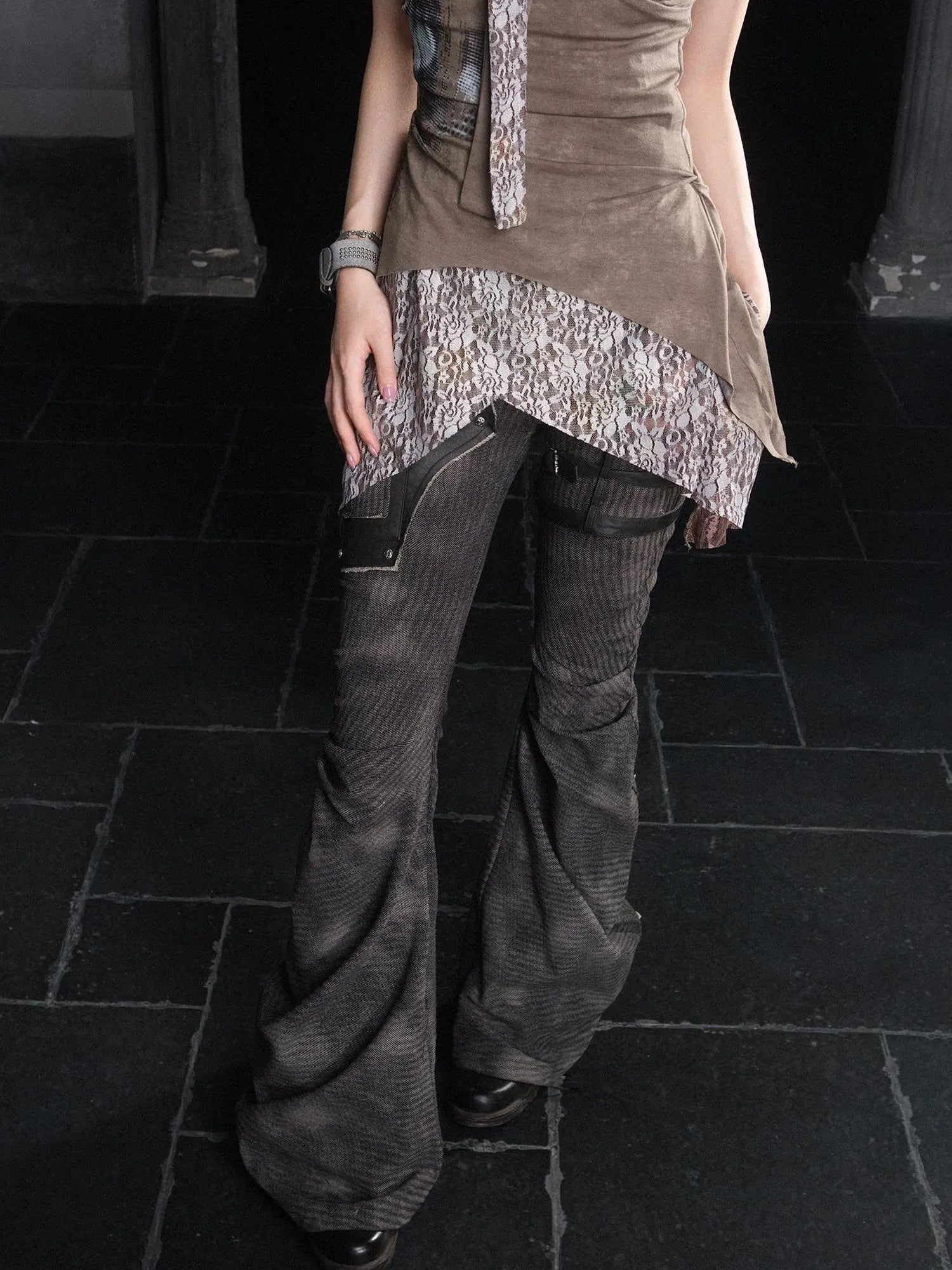 Punk Distressed Knit Denim Low Rise Flared Jeans