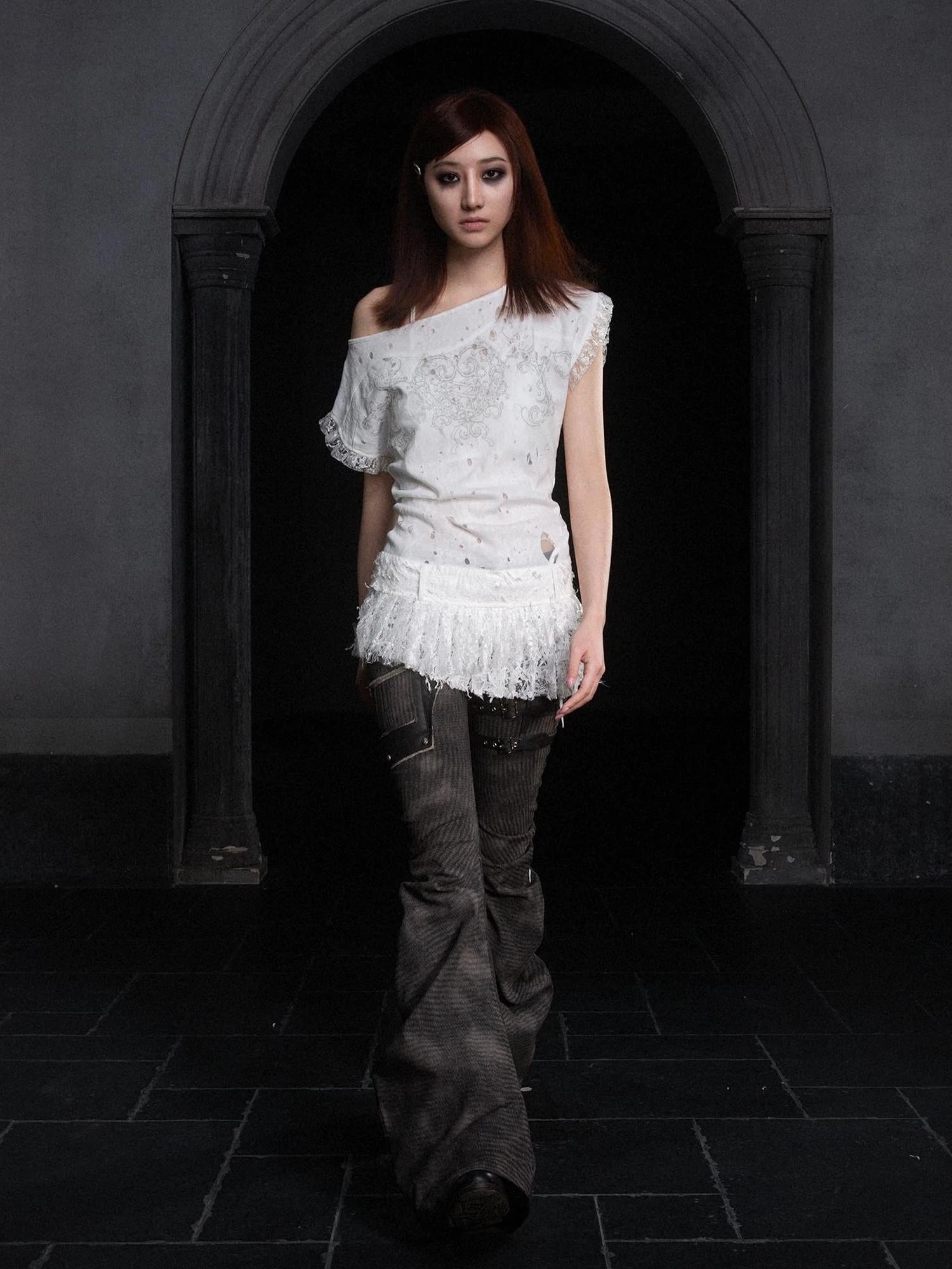 Punk Distressed Knit Denim Low Rise Flared Jeans