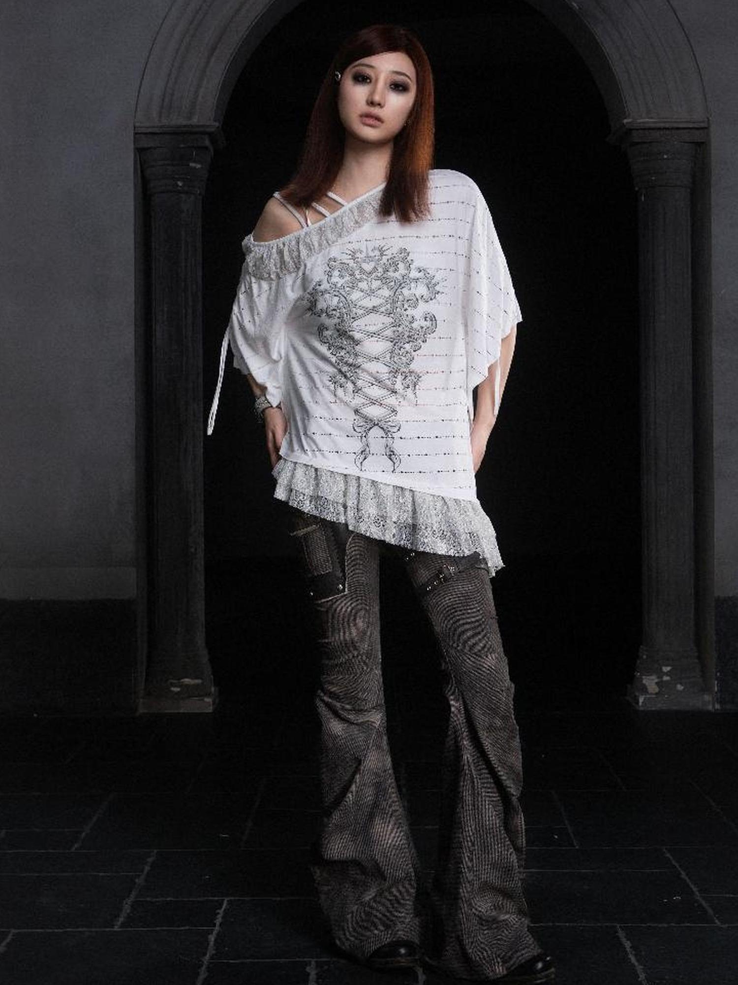 ARIADNAw Punk Distressed Knit Denim Low Rise Flared Jeans