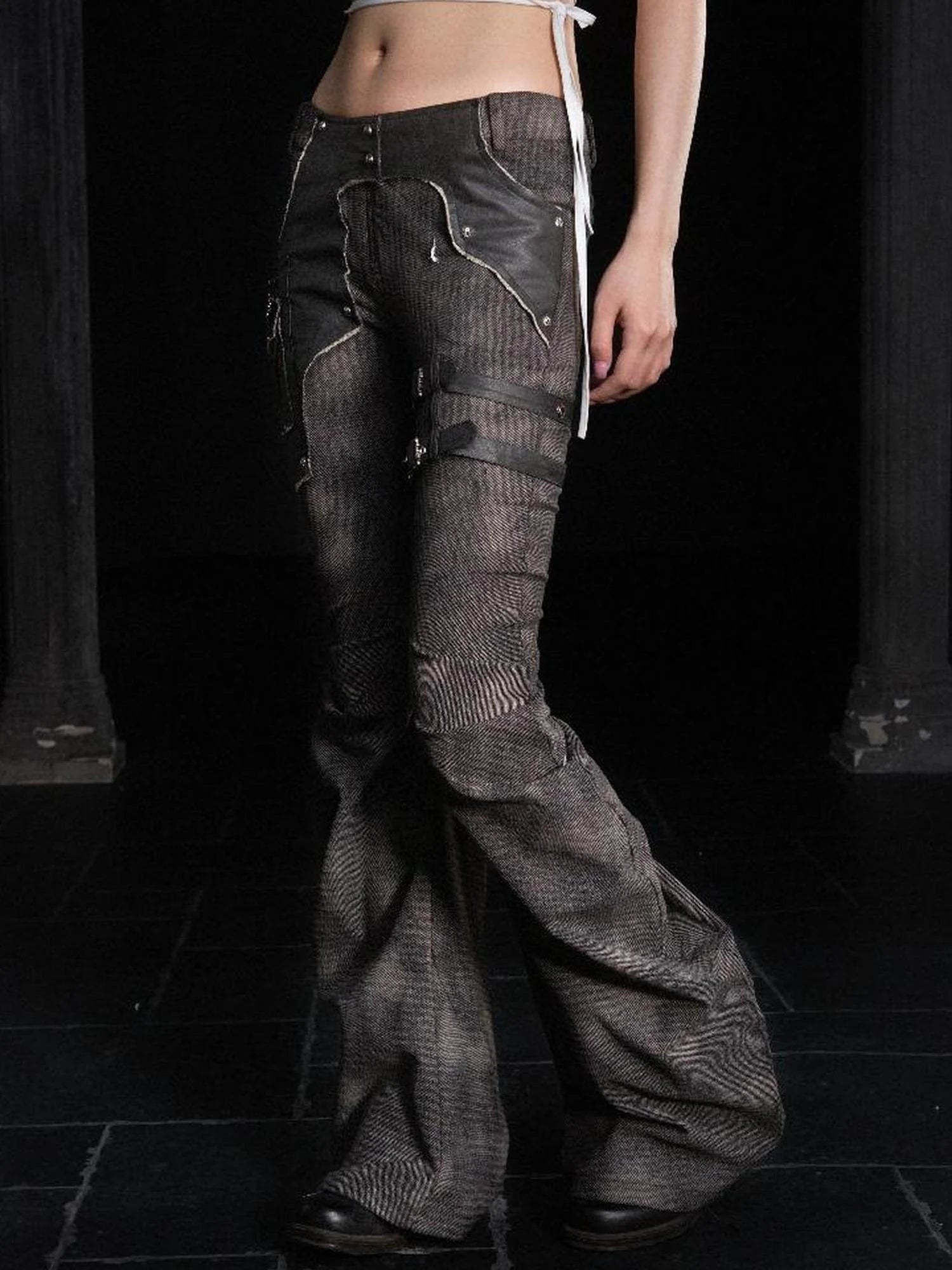 Punk Distressed Knit Denim Low Rise Flared Jeans