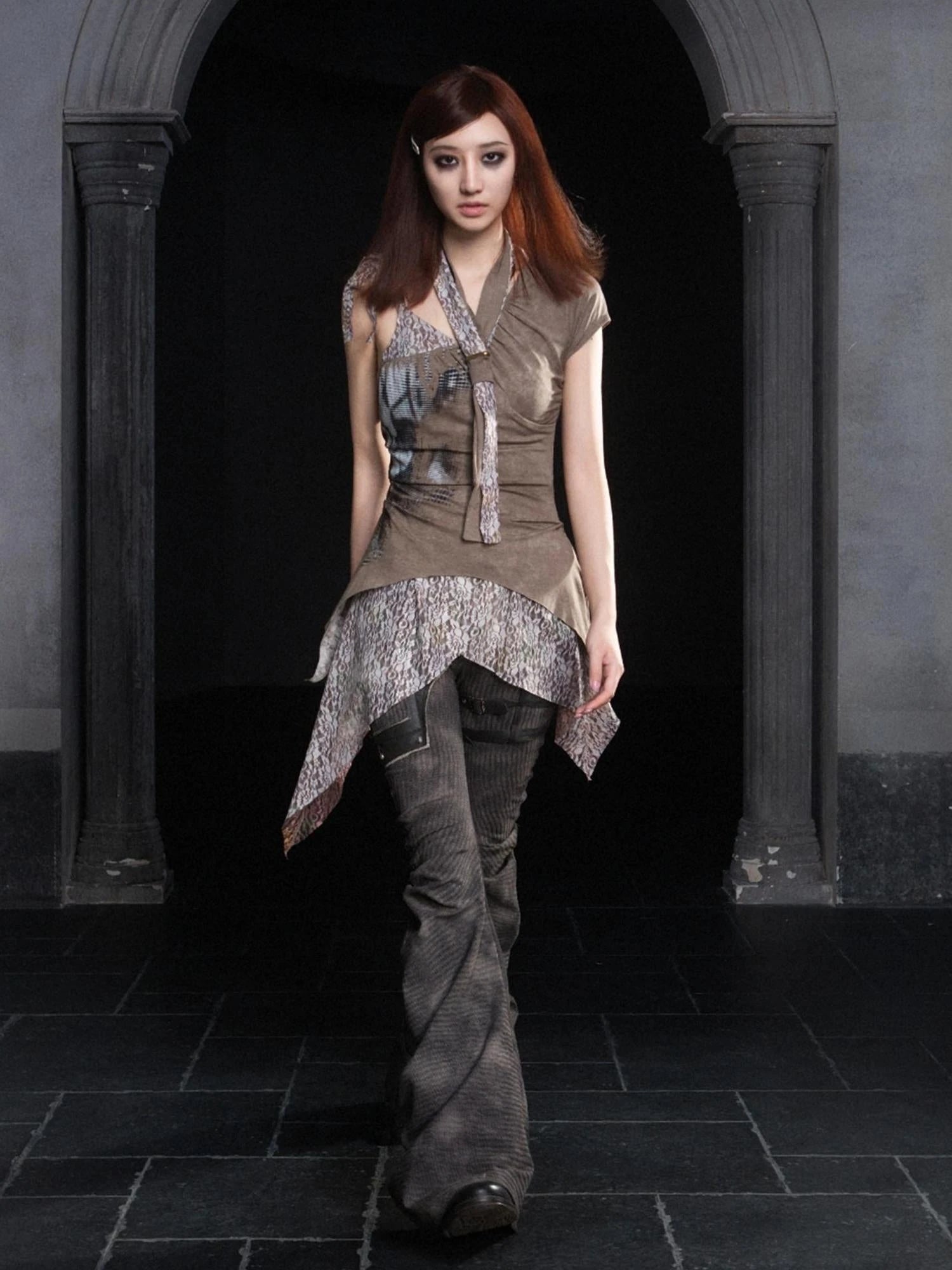 Punk Distressed Knit Denim Low Rise Flared Jeans