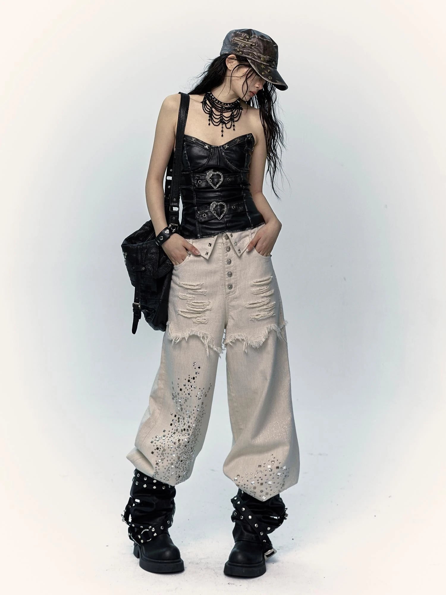 Punk Distressed Washed Silver Jeans Wide Leg Pants