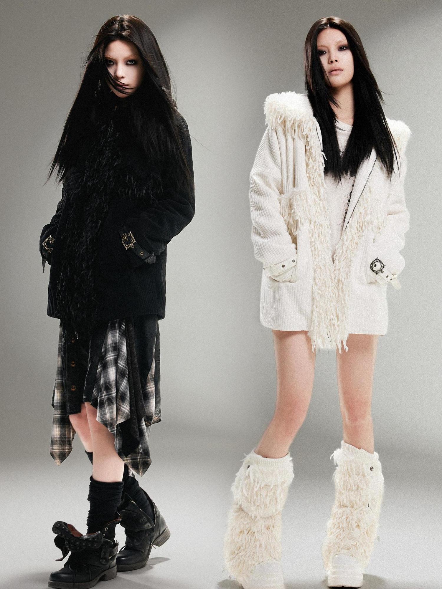 ARIADNAw Punk Faux Fur Wool Lined Collar Coat Winter Oversize Mid Length