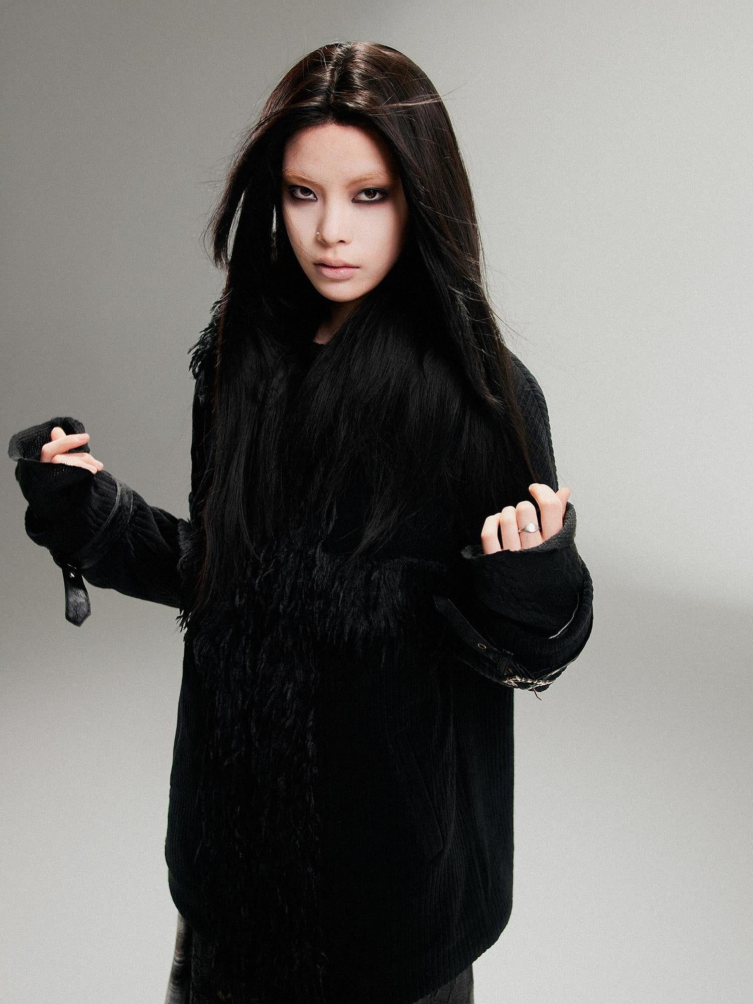 ARIADNAw Punk Faux Fur Wool Lined Collar Coat Winter Oversize Mid Length
