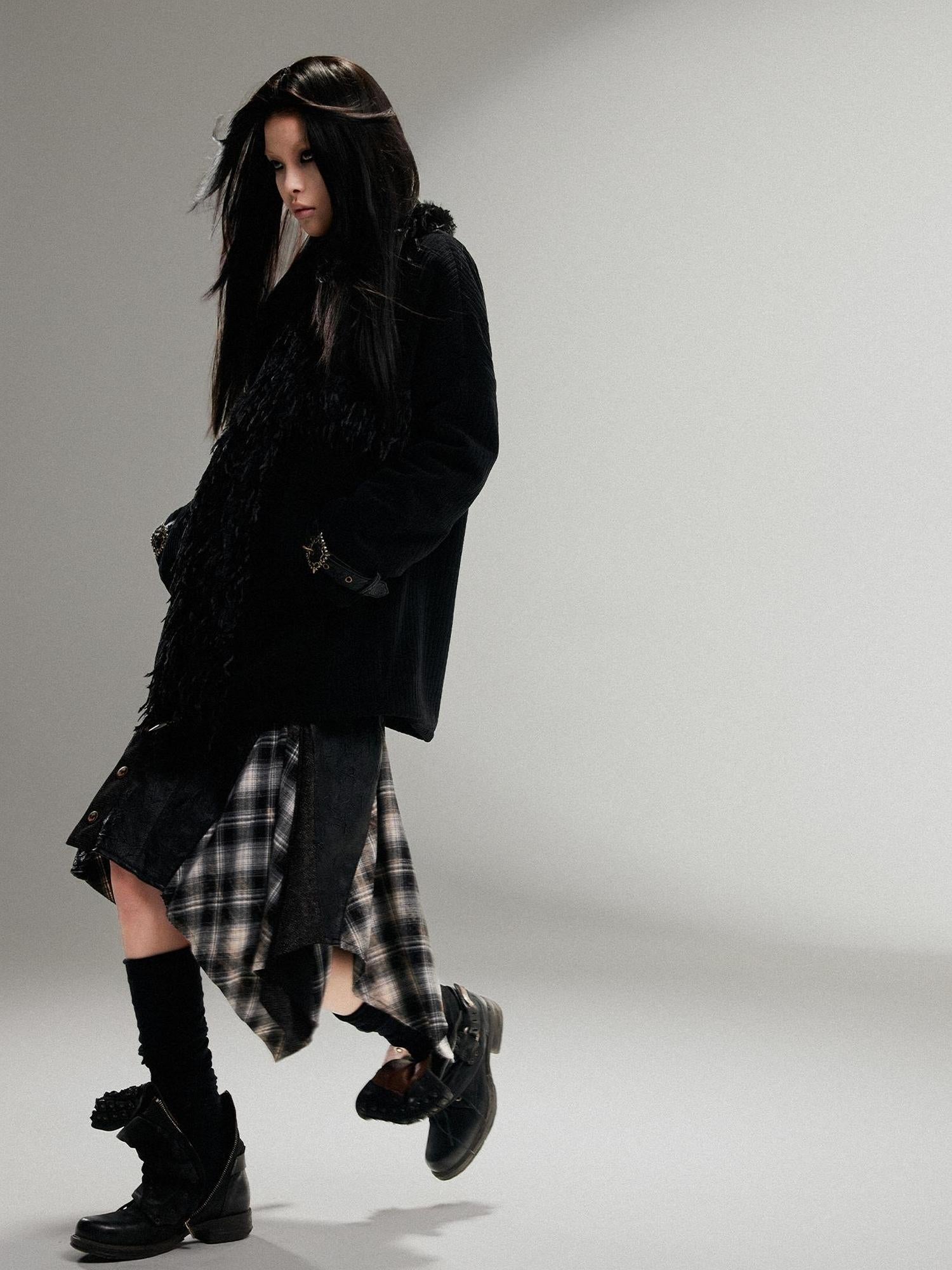 ARIADNAw Punk Faux Fur Wool Lined Collar Coat Winter Oversize Mid Length