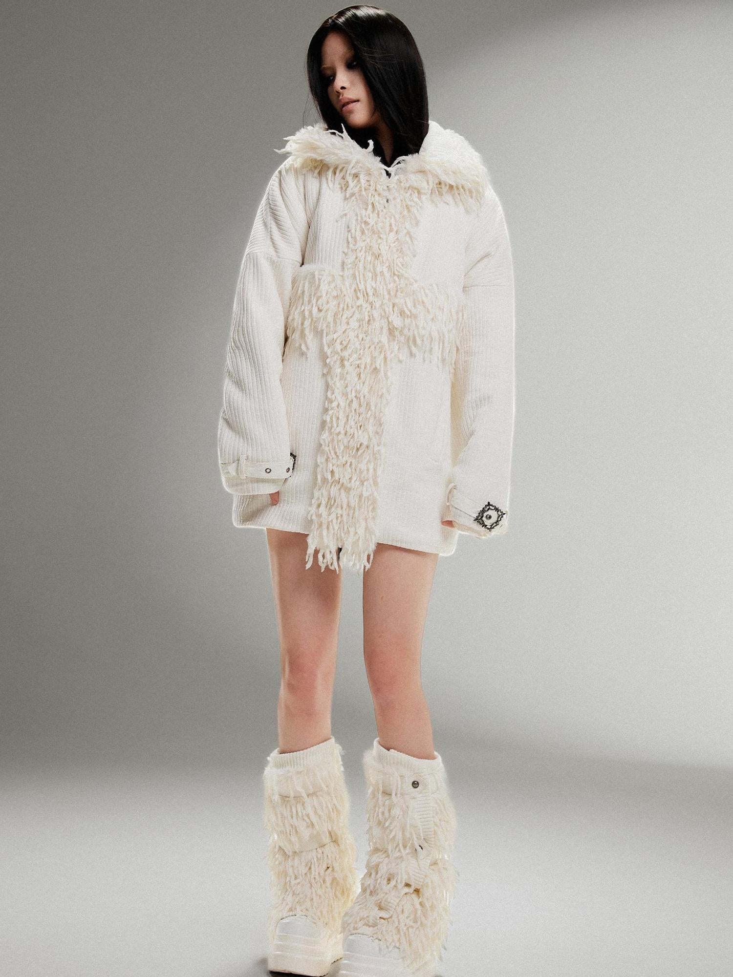ARIADNAw Punk Faux Fur Wool Lined Collar Coat Winter Oversize Mid Length