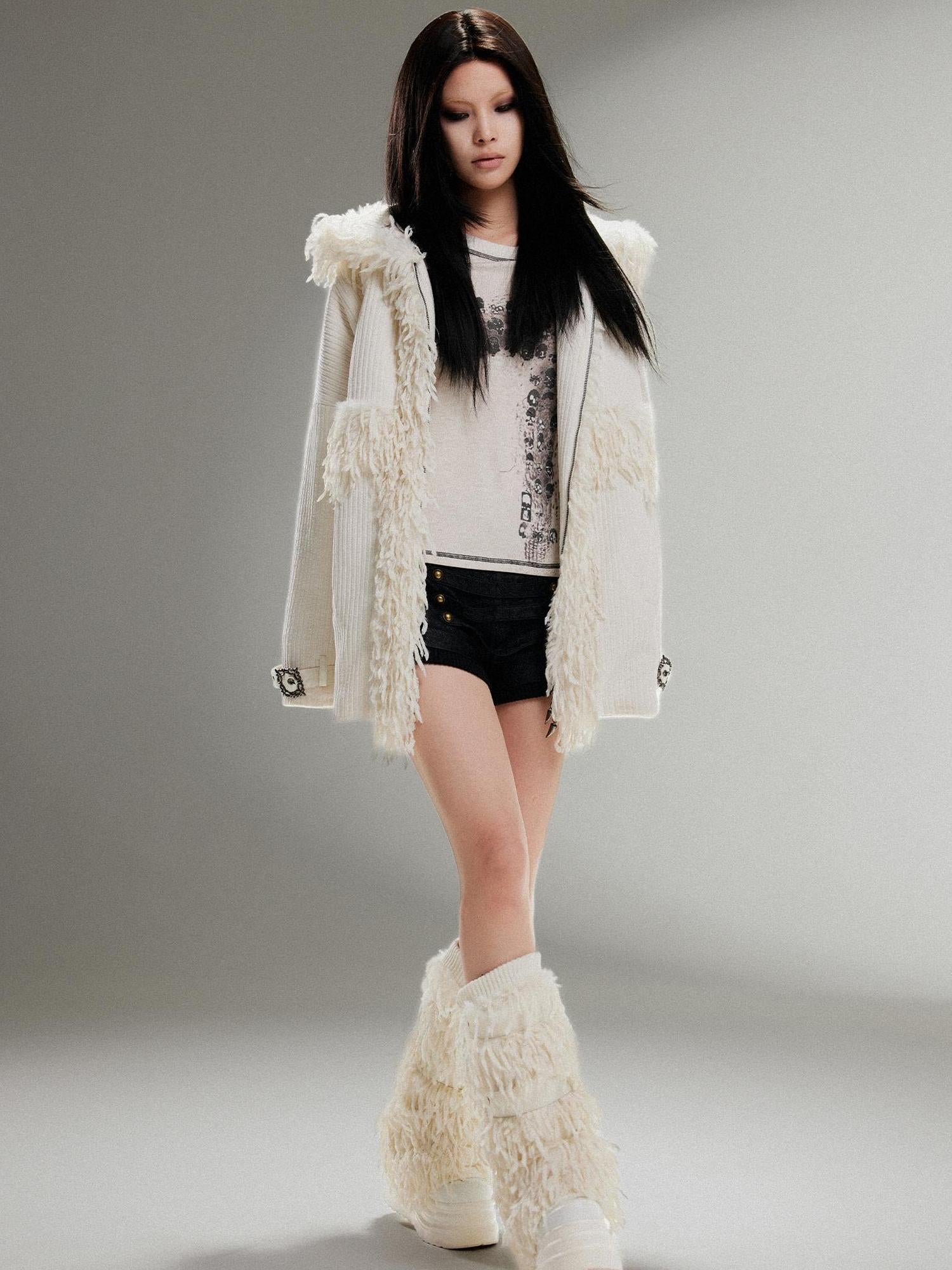 ARIADNAw Punk Faux Fur Wool Lined Collar Coat Winter Oversize Mid Length