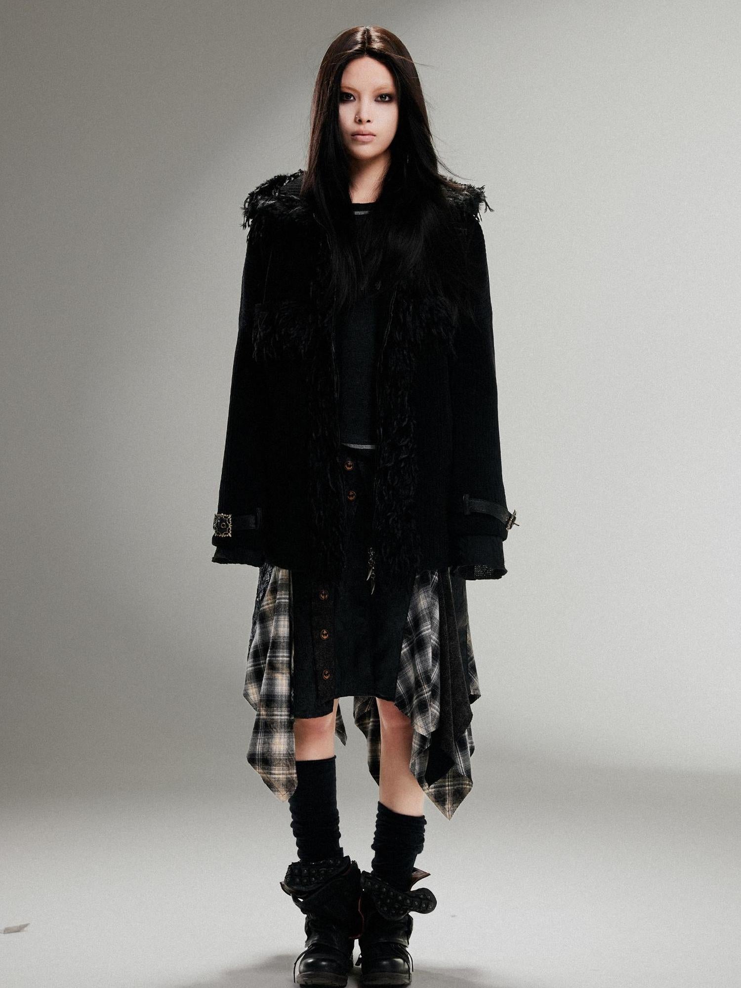 ARIADNAw Punk Faux Fur Wool Lined Collar Coat Winter Oversize Mid Length