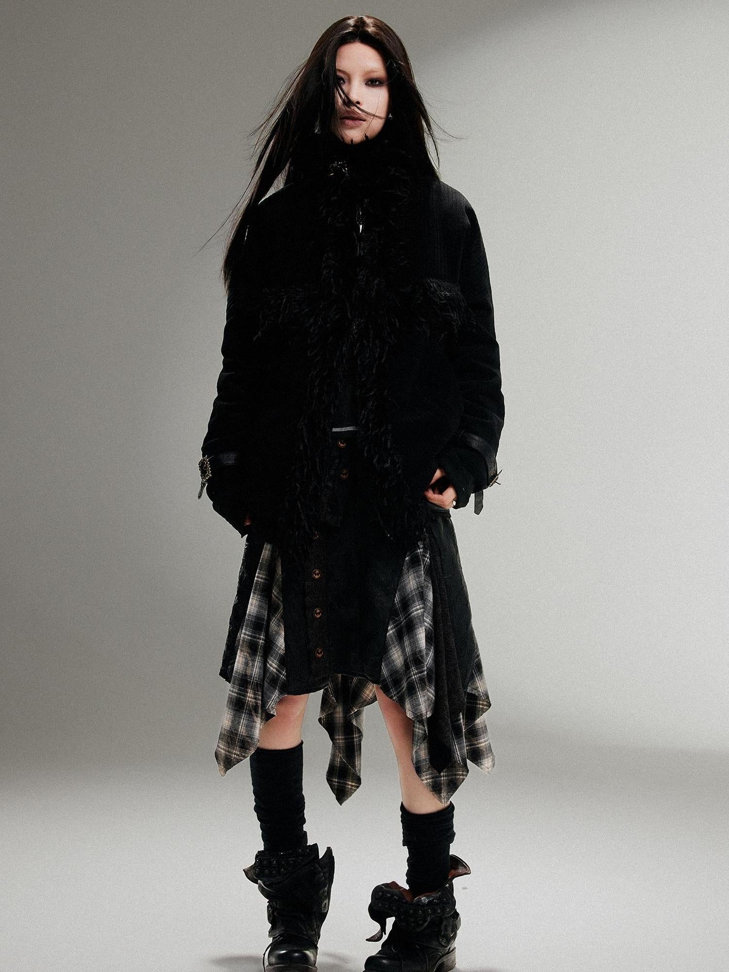 ARIADNAw Punk Faux Fur Wool Lined Collar Coat Winter Oversize Mid Length