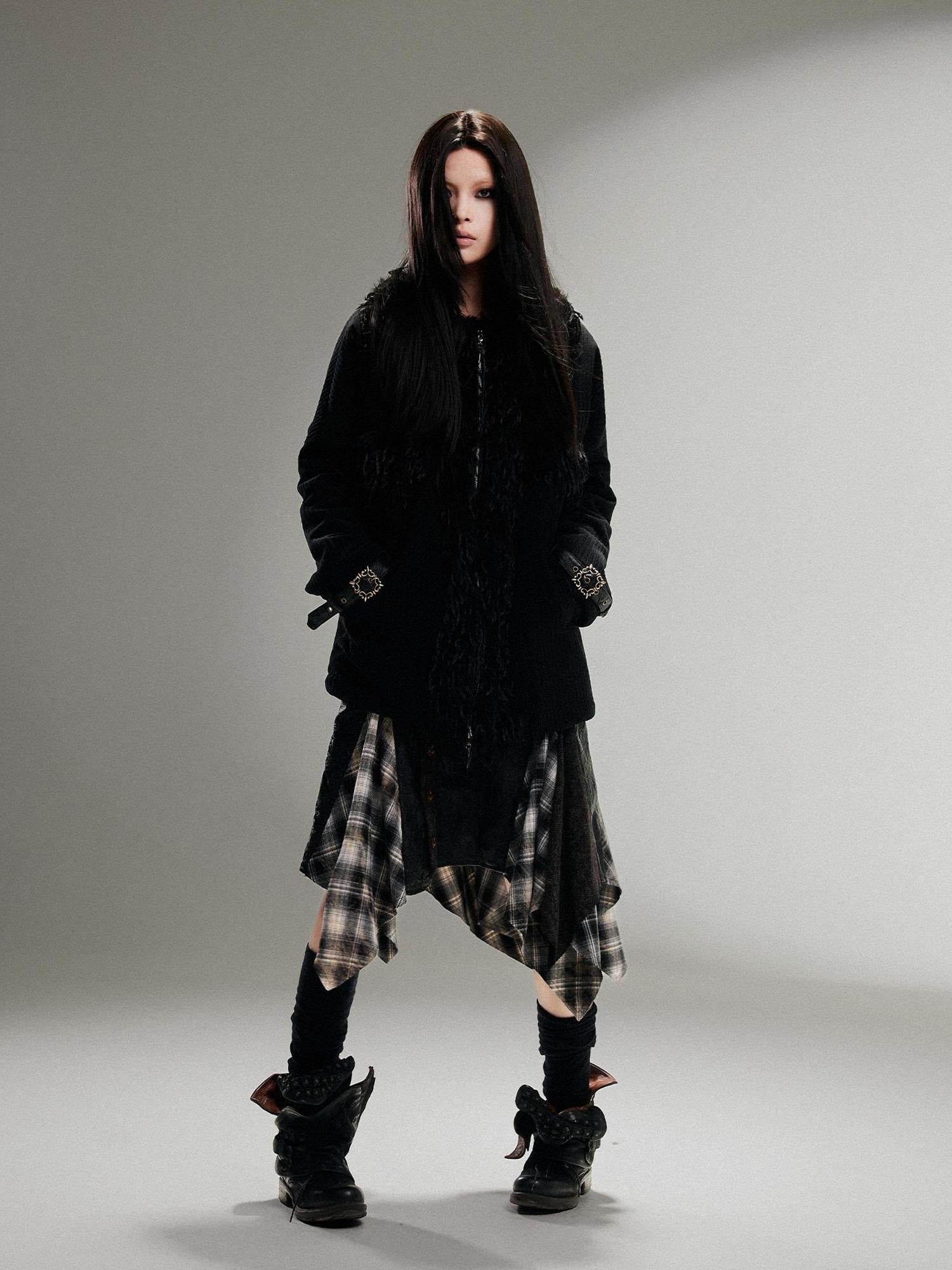 ARIADNAw Punk Faux Fur Wool Lined Collar Coat Winter Oversize Mid Length