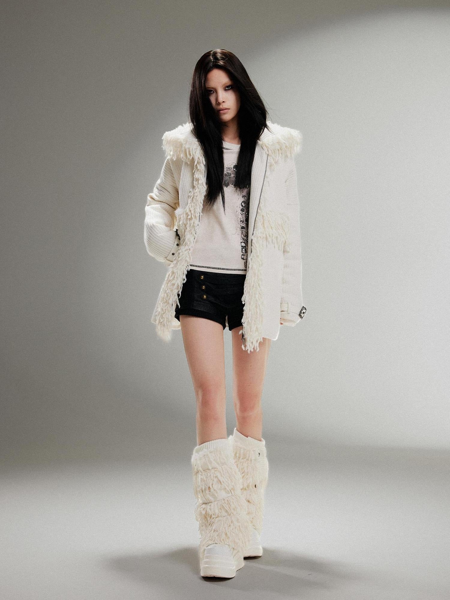 ARIADNAw Punk Faux Fur Wool Lined Collar Coat Winter Oversize Mid Length