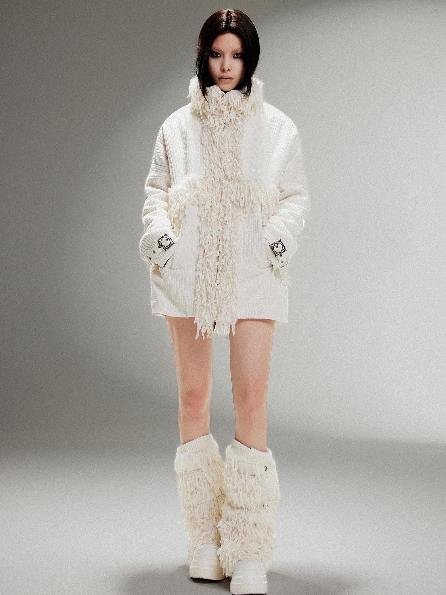 ARIADNAw Punk Faux Fur Wool Lined Collar Coat Winter Oversize Mid Length