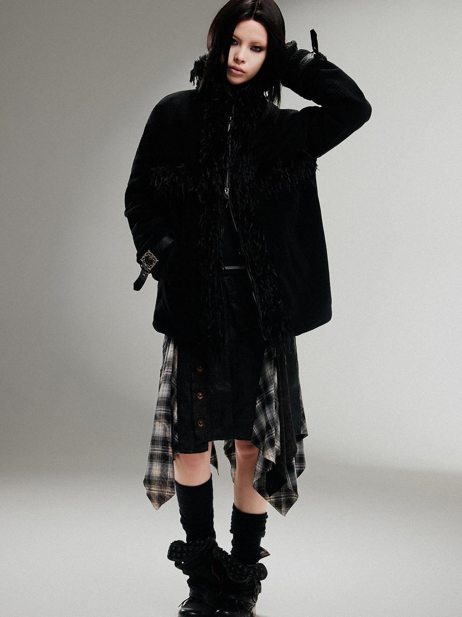 ARIADNAw Punk Faux Fur Wool Lined Collar Coat Winter Oversize Mid Length