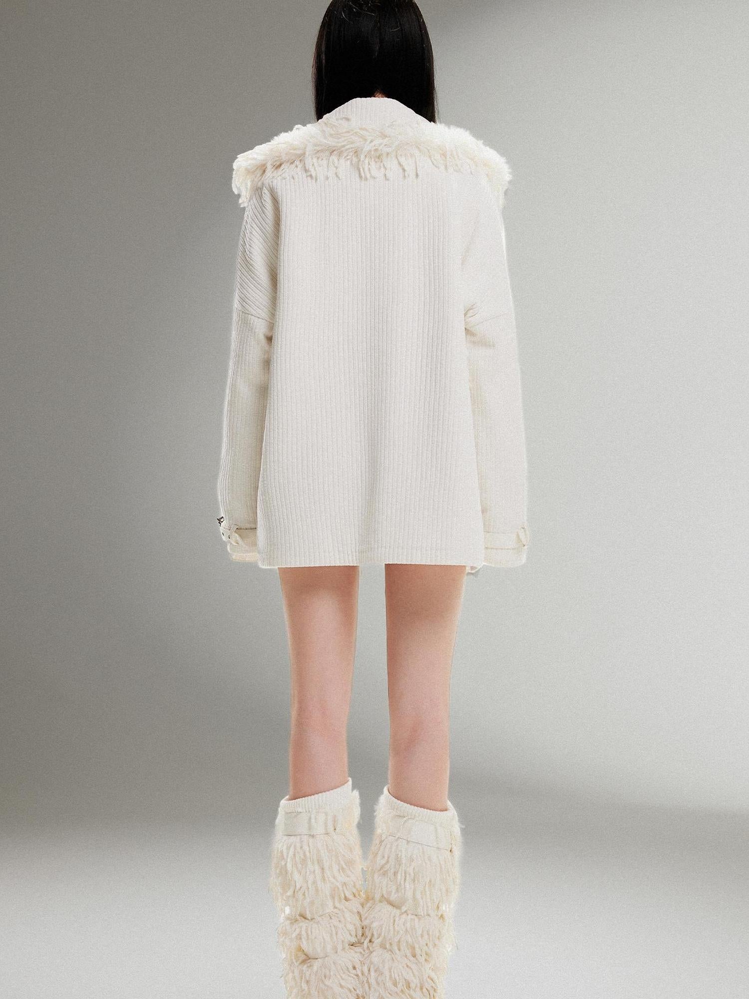 ARIADNAw Punk Faux Fur Wool Lined Collar Coat Winter Oversize Mid Length