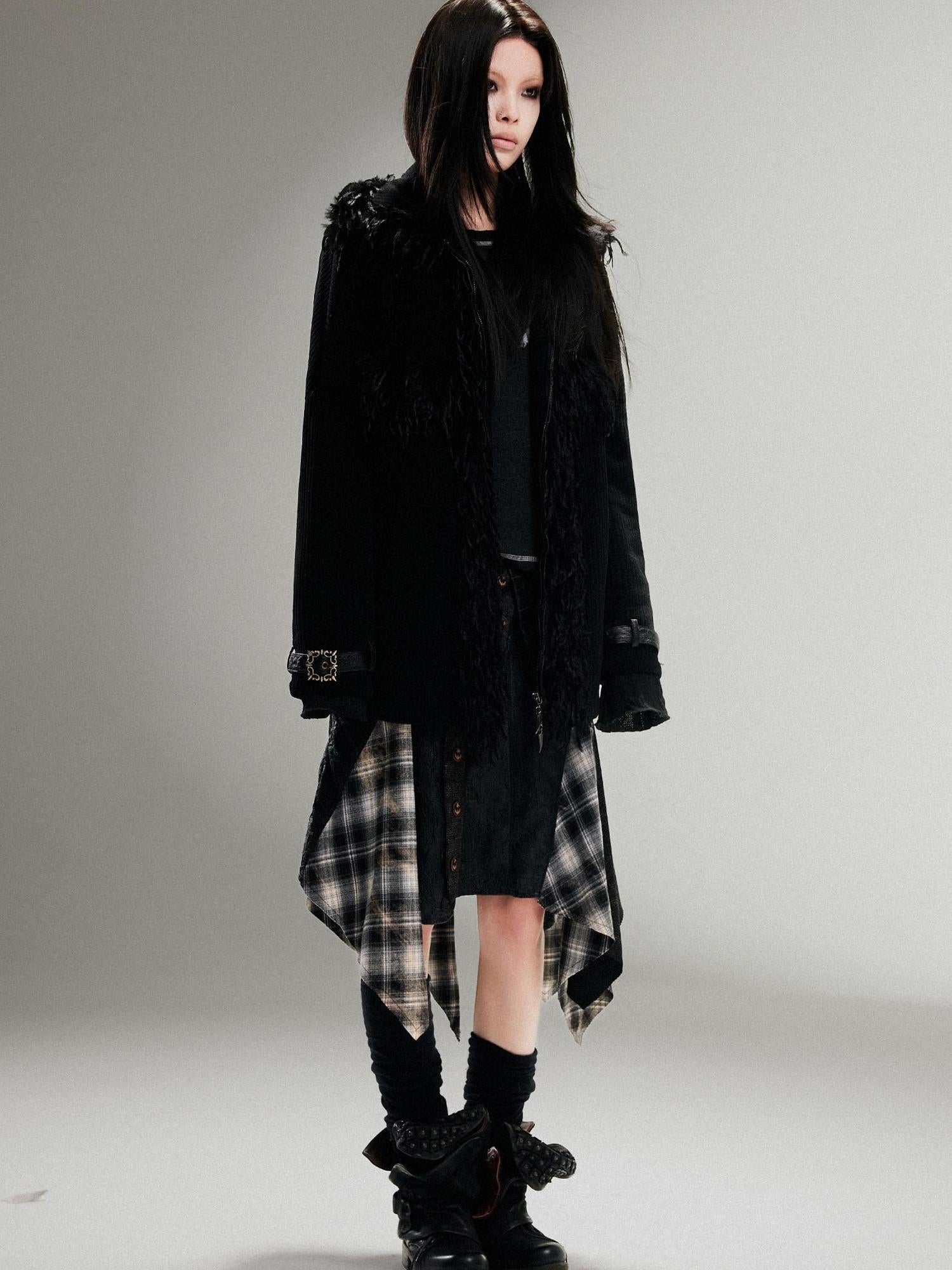 ARIADNAw Punk Faux Fur Wool Lined Collar Coat Winter Oversize Mid Length