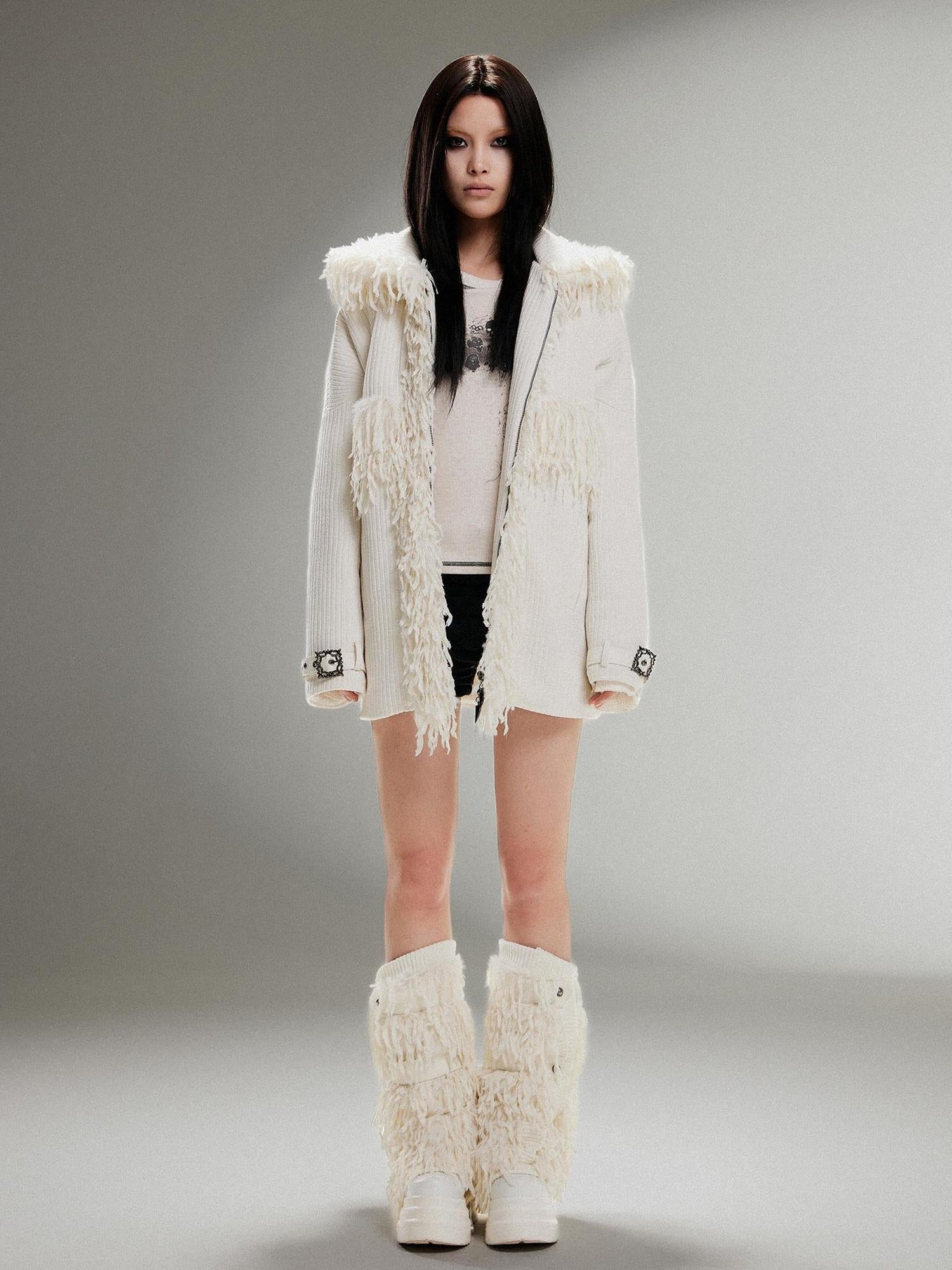 ARIADNAw Punk Faux Fur Wool Lined Collar Coat Winter Oversize Mid Length