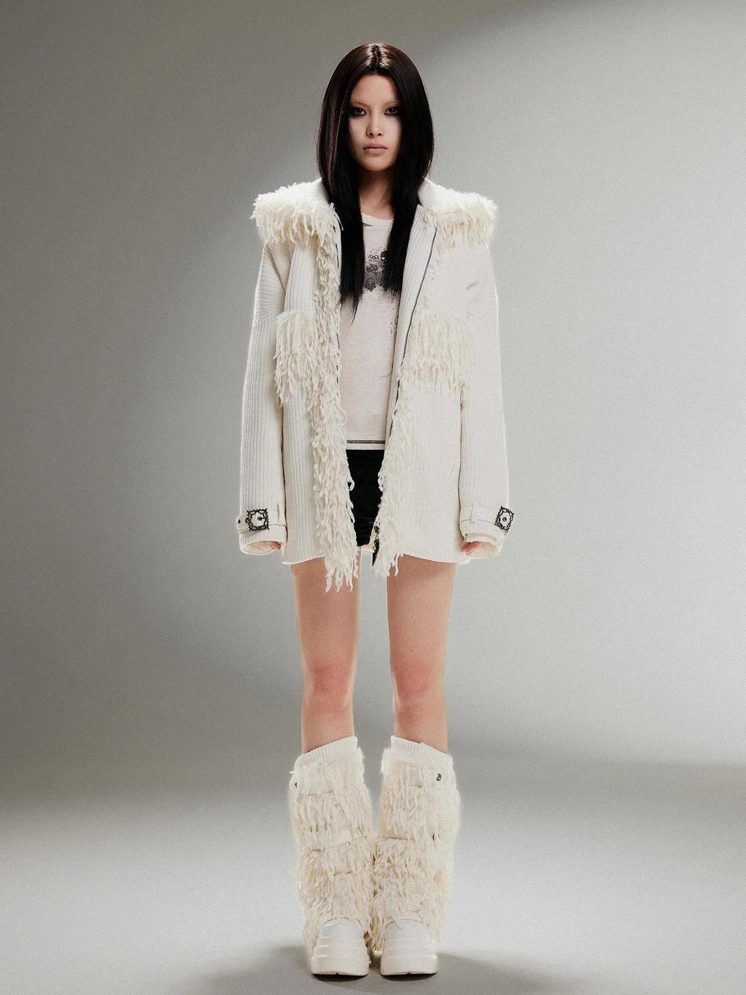 Punk Faux Fur Wool Lined Collar Coat Winter Oversize Mid Length