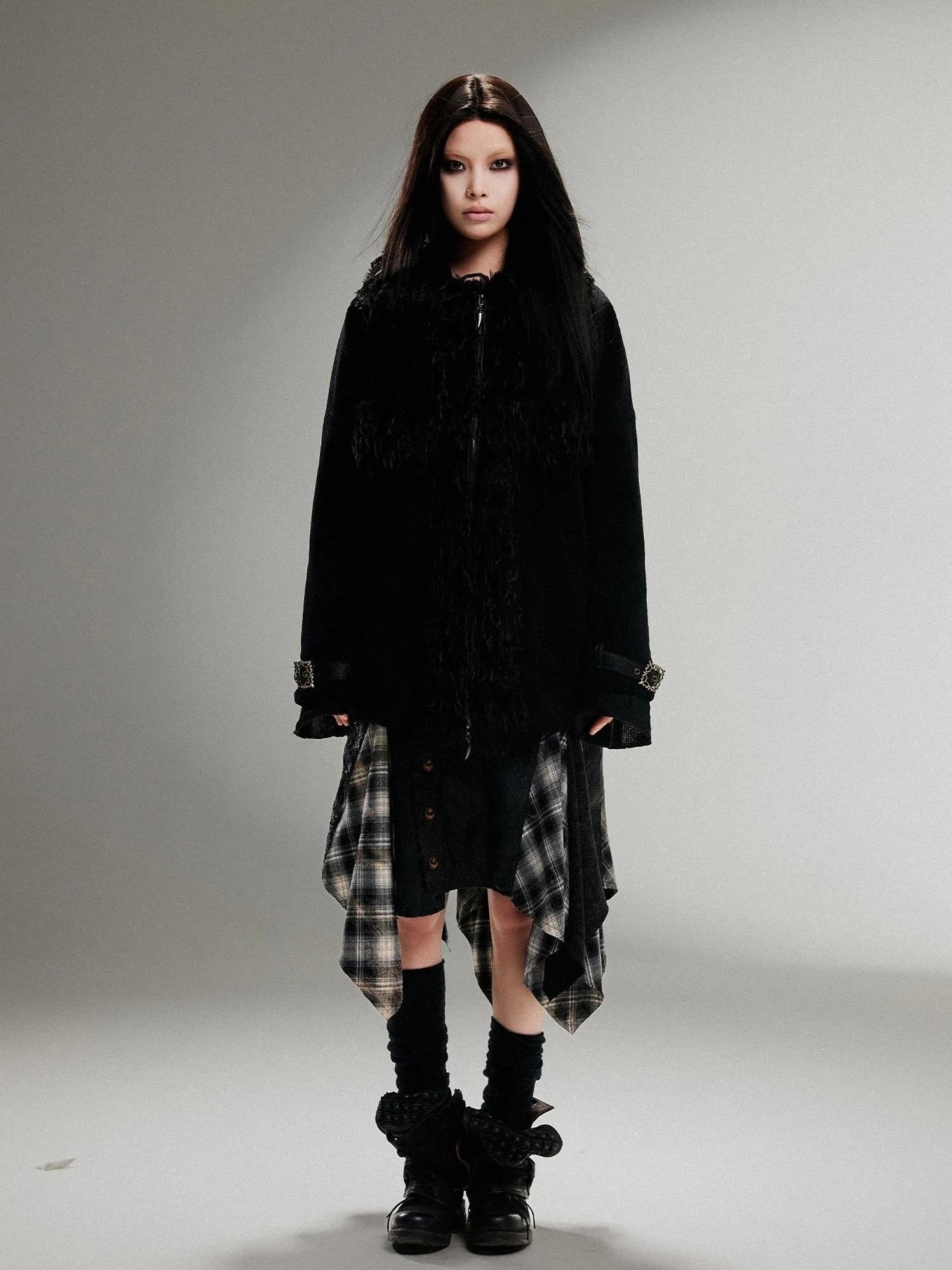 Punk Faux Fur Wool Lined Collar Coat Winter Oversize Mid Length