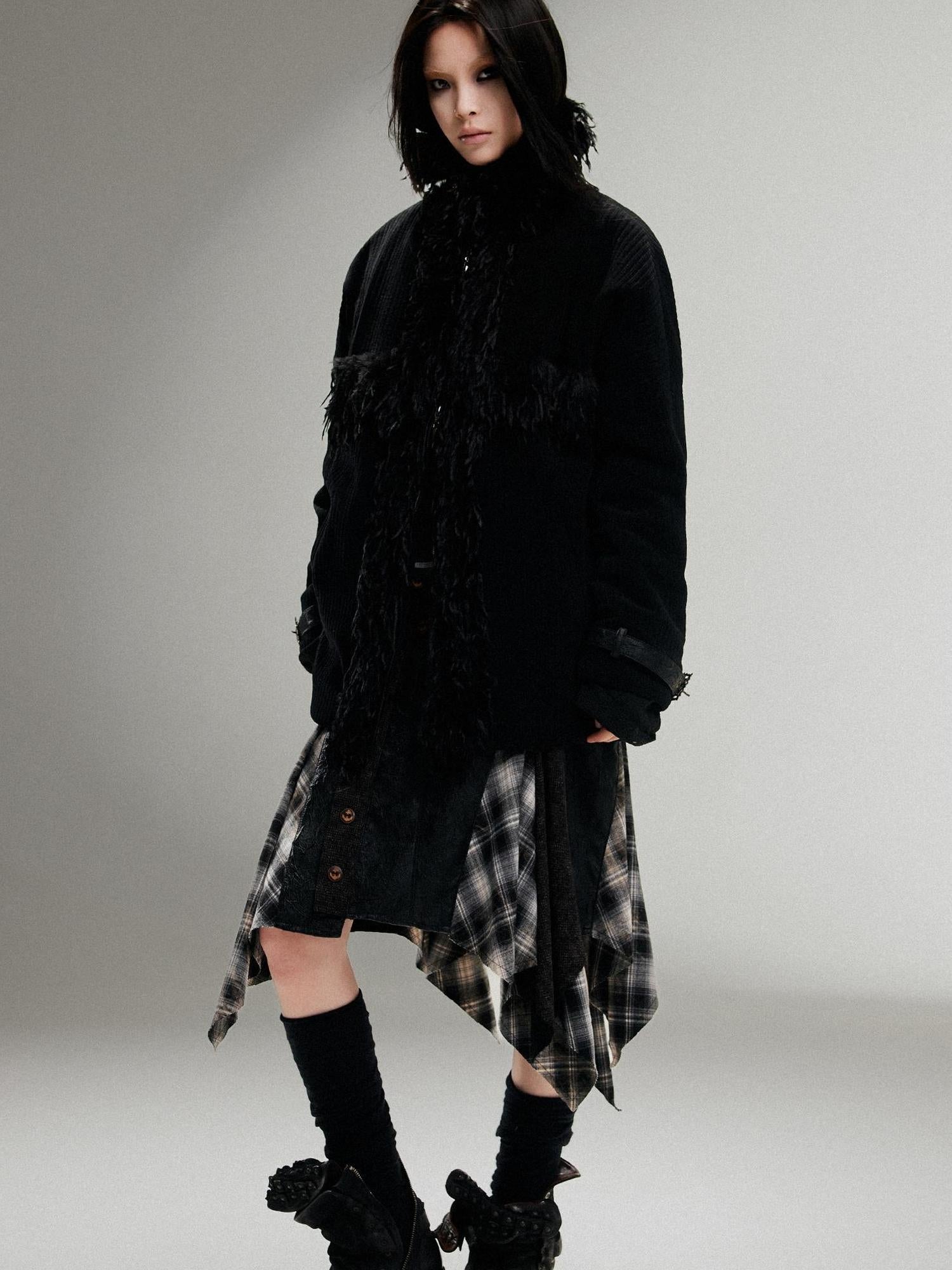 ARIADNAw Punk Faux Fur Wool Lined Collar Coat Winter Oversize Mid Length