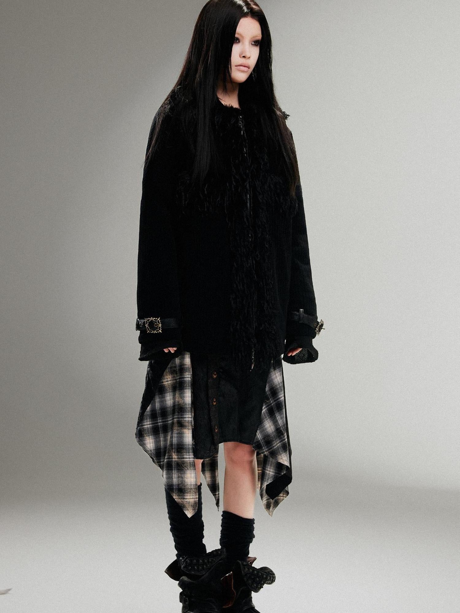 ARIADNAw Punk Faux Fur Wool Lined Collar Coat Winter Oversize Mid Length