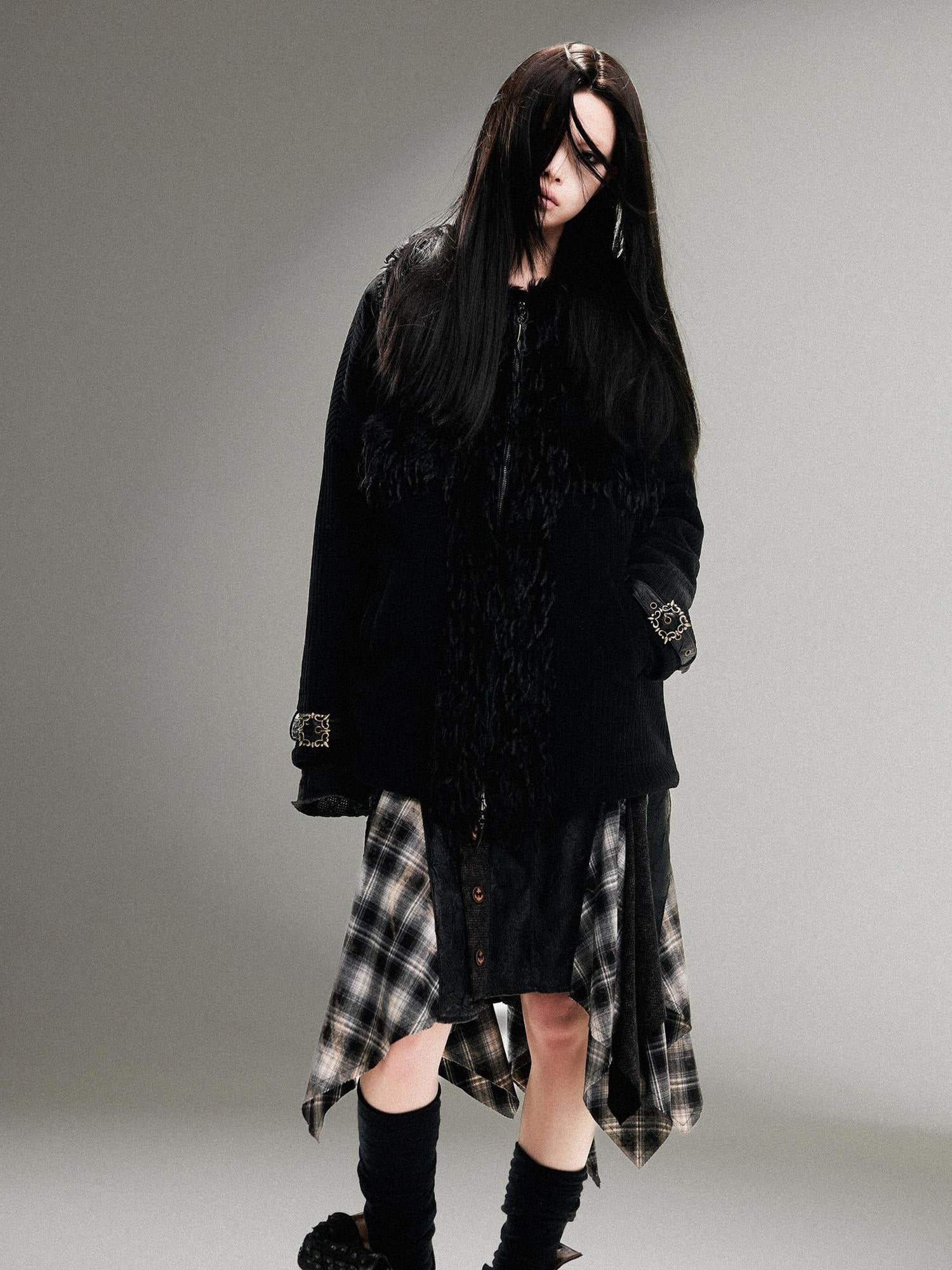 ARIADNAw Punk Faux Fur Wool Lined Collar Coat Winter Oversize Mid Length