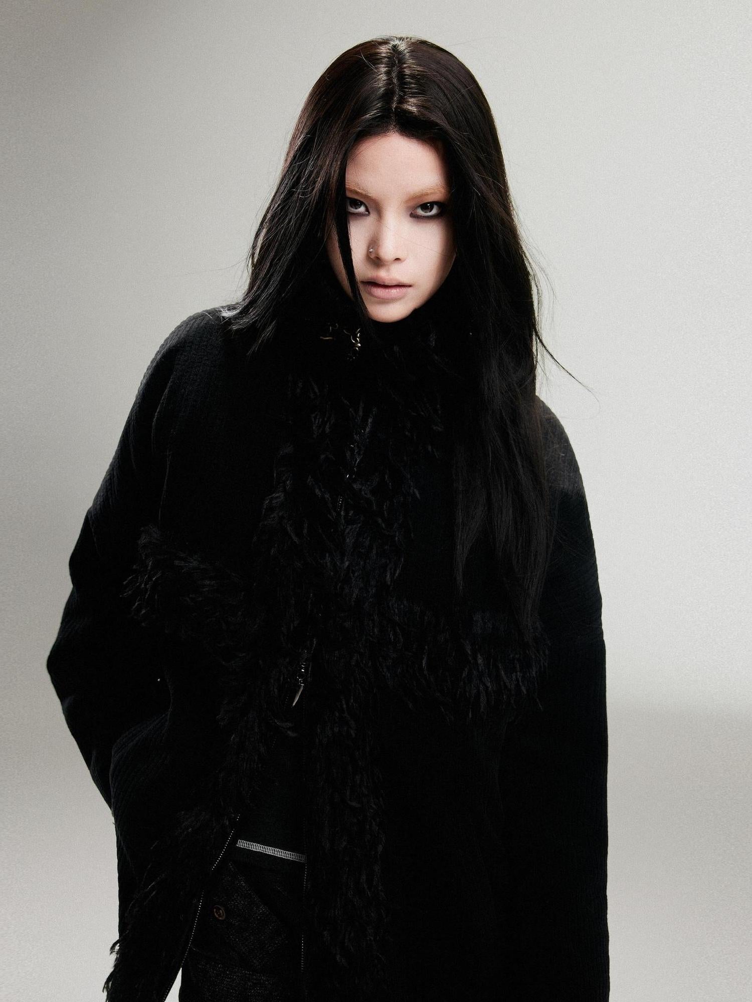 ARIADNAw Punk Faux Fur Wool Lined Collar Coat Winter Oversize Mid Length