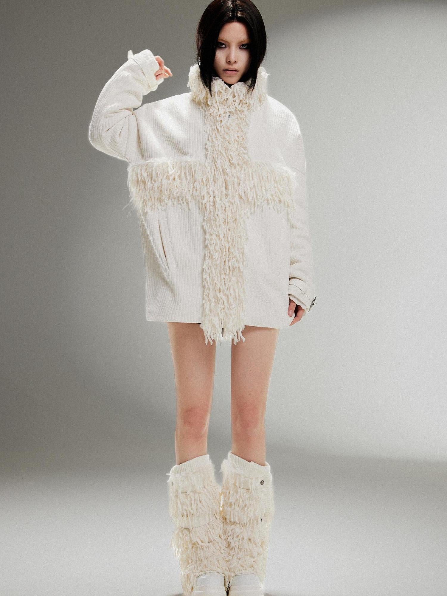 ARIADNAw Punk Faux Fur Wool Lined Collar Coat Winter Oversize Mid Length