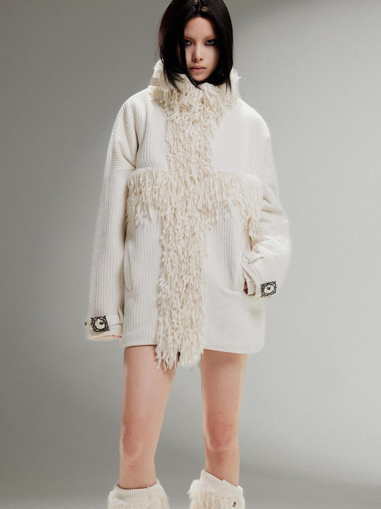 ARIADNAw Punk Faux Fur Wool Lined Collar Coat Winter Oversize Mid Length